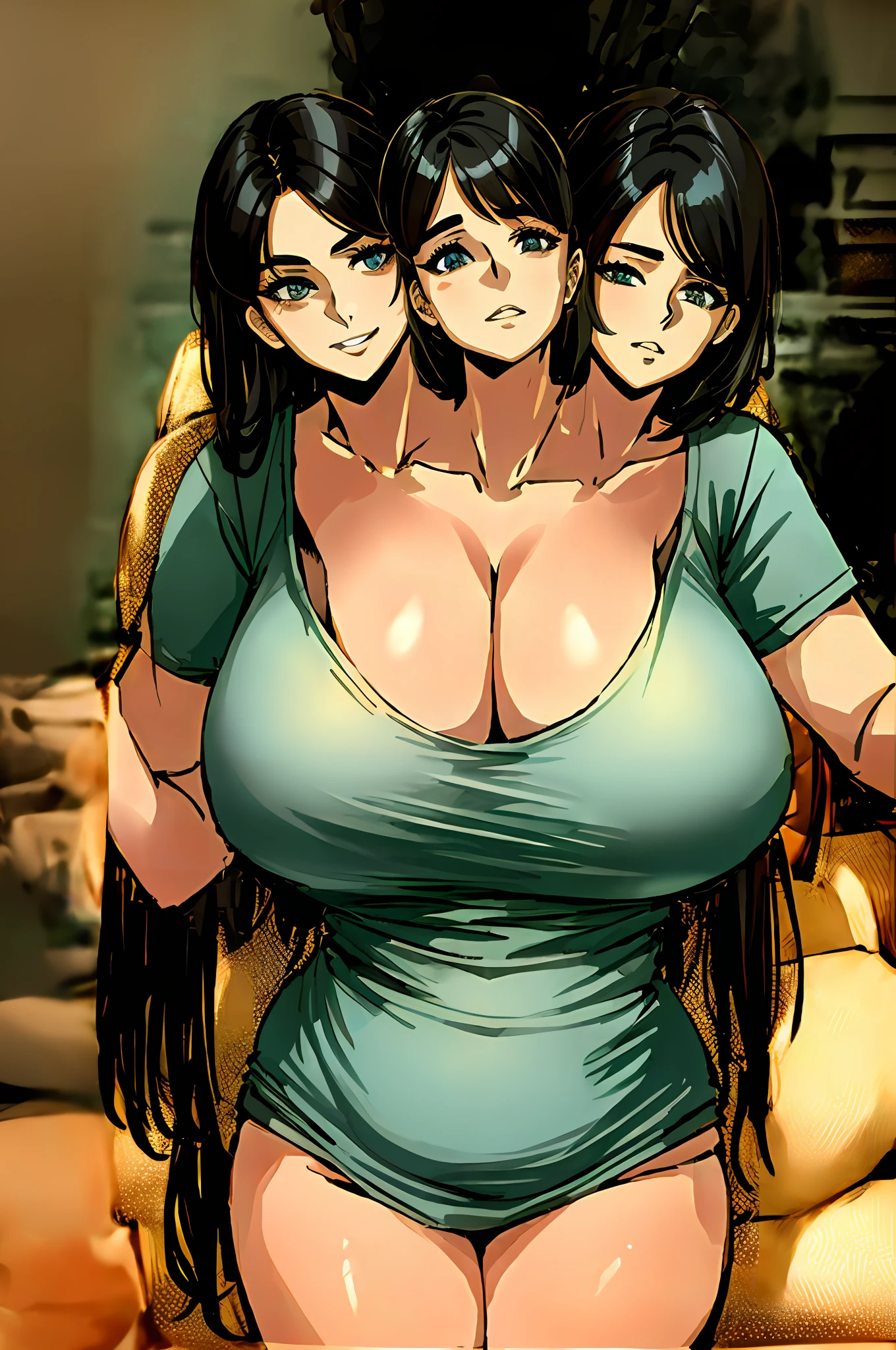 2heads, a chubby woman with 2 heads. She has enormous breasts. She is in a house. She has gigantic breasts. Her breasts are very round and firm. She is wearing a very tight t-shirt with a low neckline. Her breasts are massive. She has a motherly appearance.