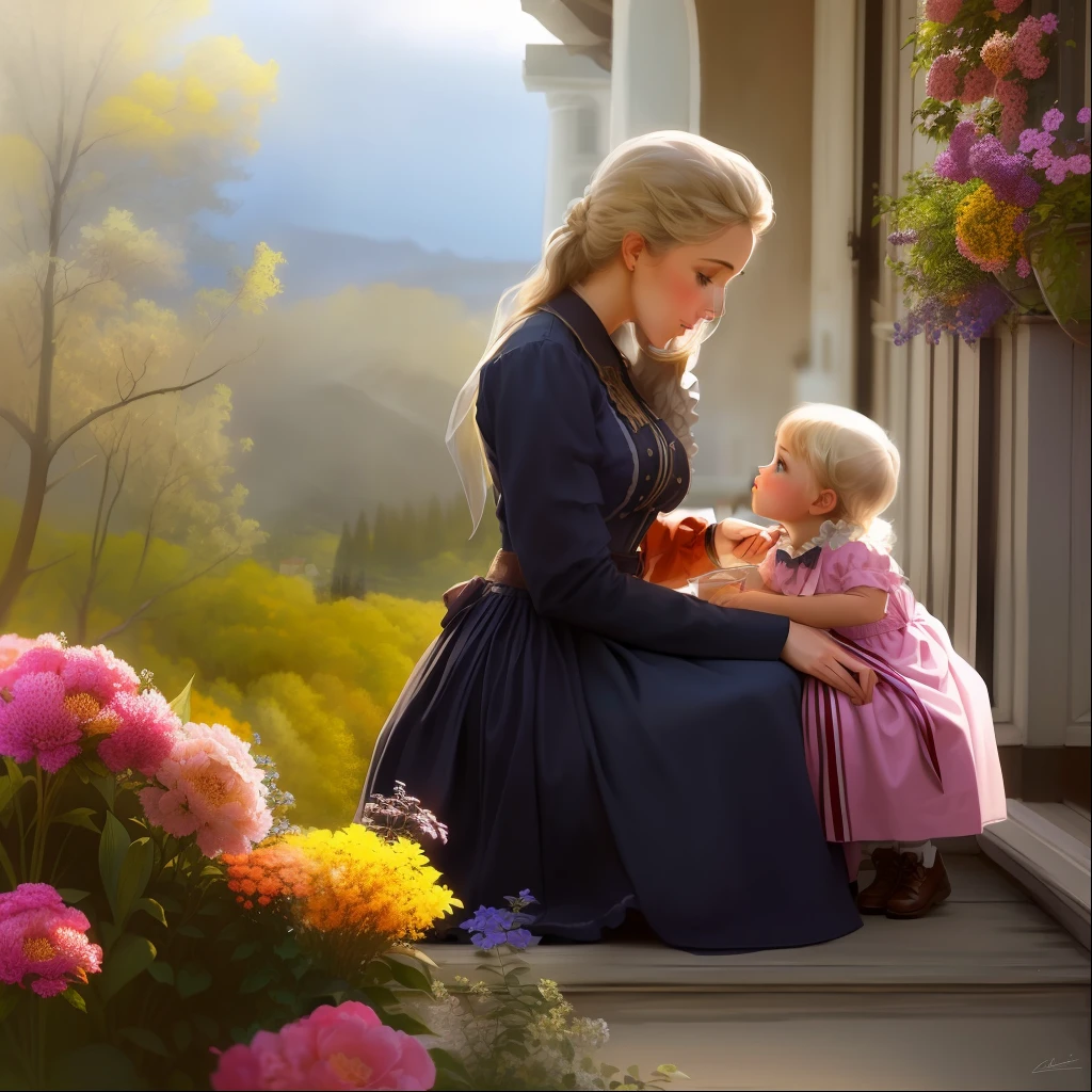 There is a woman and a sitting on a balcony, painting digital adorable, bela arte digital, pintura digital bonita, lindo pintura digital, papel de parede bonito, arte digital muito bonita, Beautiful digital illustration, pintura digital elegante, beautiful depiction, A cena mais bonita, breathtaking art, bela arte digital, arte muito bonita, beautiful artwork, inspirado por Johan Christian Dahl, paper awesome wallpaper