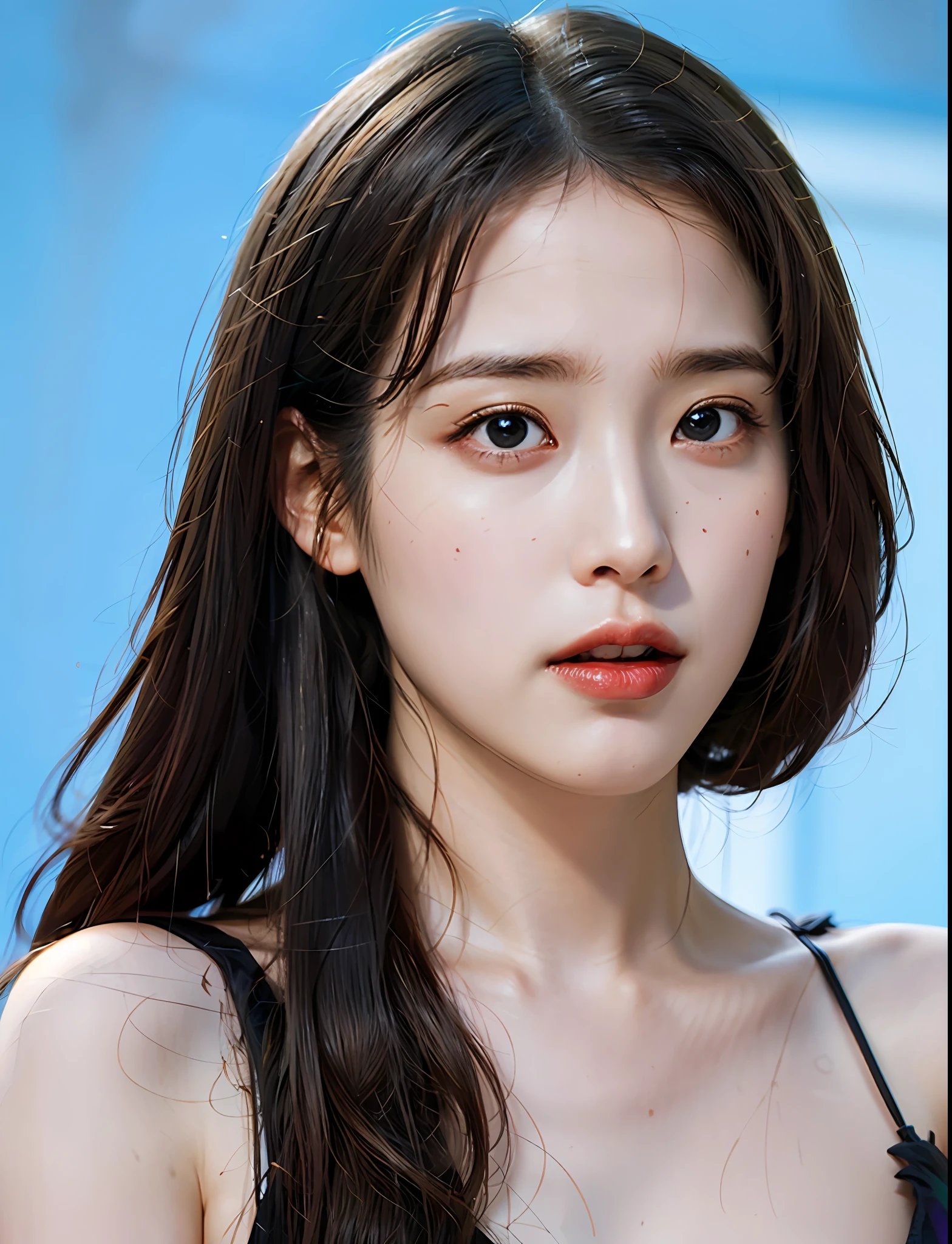 Best Quality, Masterpiece, The ultra-Highres, (film grain:1.4),digital photography, bangss,Cinematic lighting,(fujicolor:1.2) portrait of a,
face closeup,Clear pores,1Girl, looking up at viewer,blue background (Photorealistic:1.2)