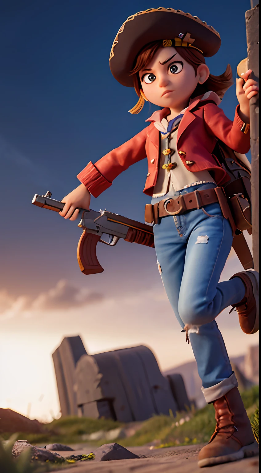 Pirata com uma pistola, em uma paisagem desolada e sombria, with dramatic lighting and sharp depth of field