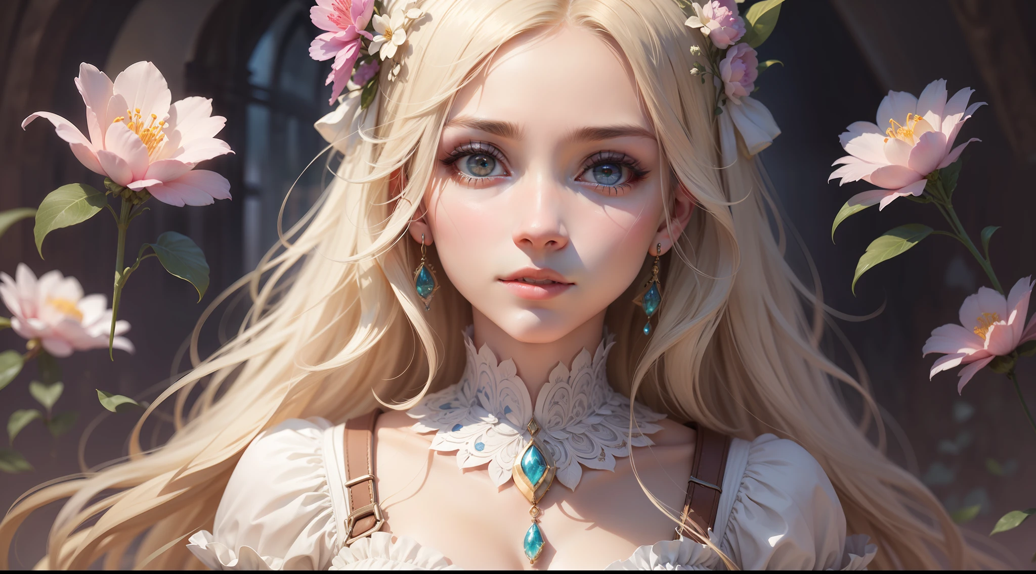 Beautiful girl, olhos brilhantes, todas as roupas brancas, 14th century style, sem nudez, imponente, Magnificent, Adornos e joias douradas, Definition, , arte de personagem impressionante, arte conceitual de fantasia impressionante, Uso efetivo da luz de sombra