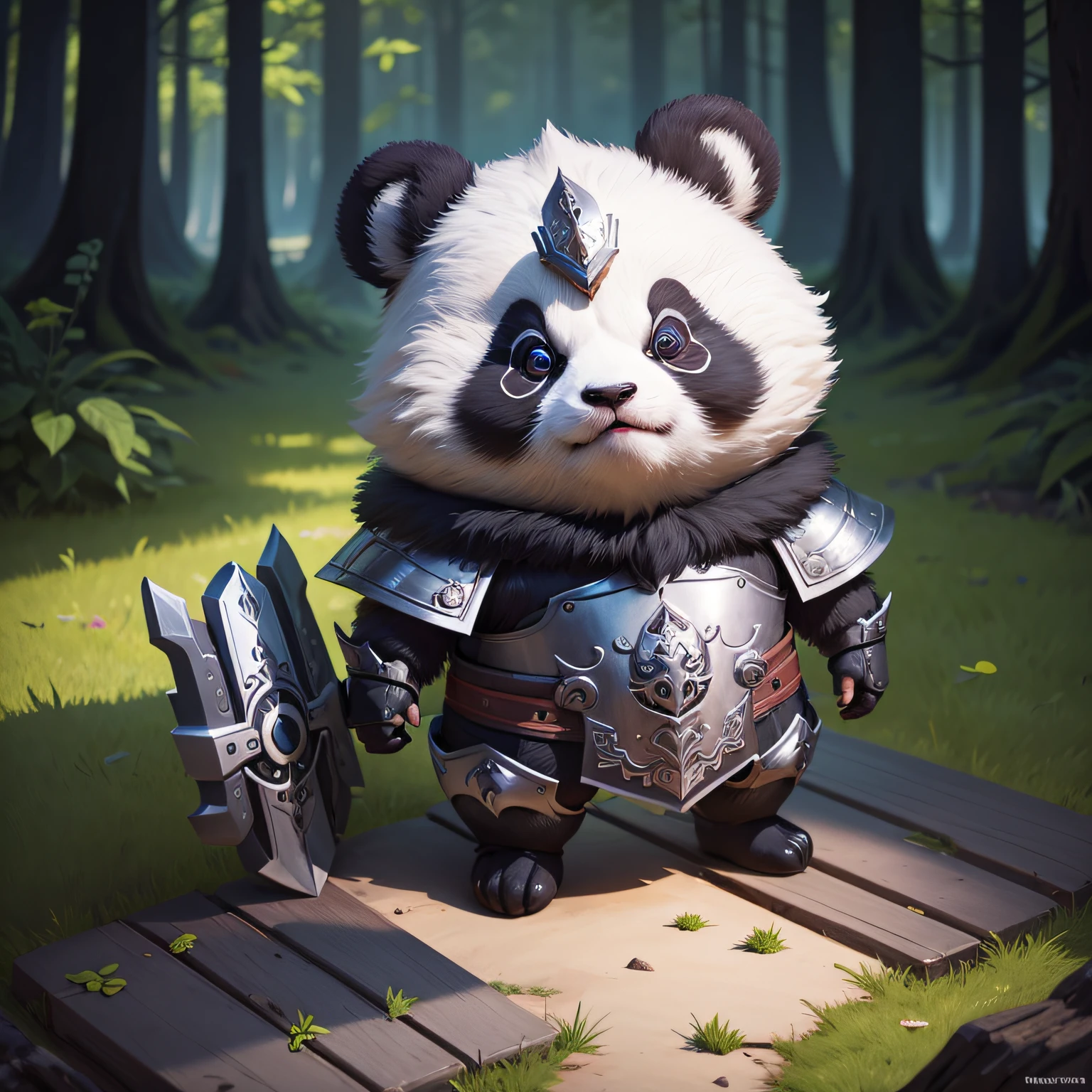 There is a panda，Wearing armor，Long sword in hand，Cut forward，Cute detailed digital art，lovely digital painting，adorable digital art，cute anthropomorphic bunny，Cute 3d rendering，Lovely detailed artwork，adorable creature，Cute cartoon character，Cute little animals，cute artwork，beautiful digital artworks，dream animal cute eyes，cute forest creature，cute animal --auto