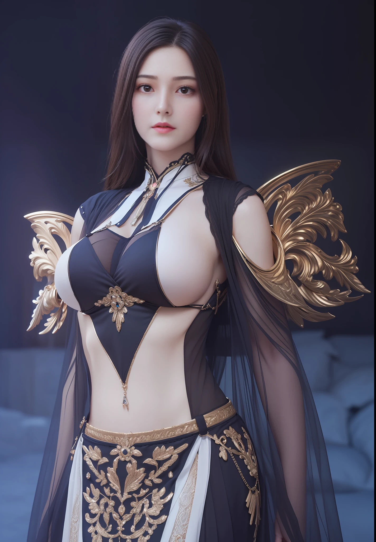 (masterpiece, best quality, extremely detailed 8k, ultra hd, ultra-detailed, highly detailed, highly realistic, ultra-realistic, photo realistic), (1girl:1.5), (detailed realistic skin), (realistic big breasts), slender abs,