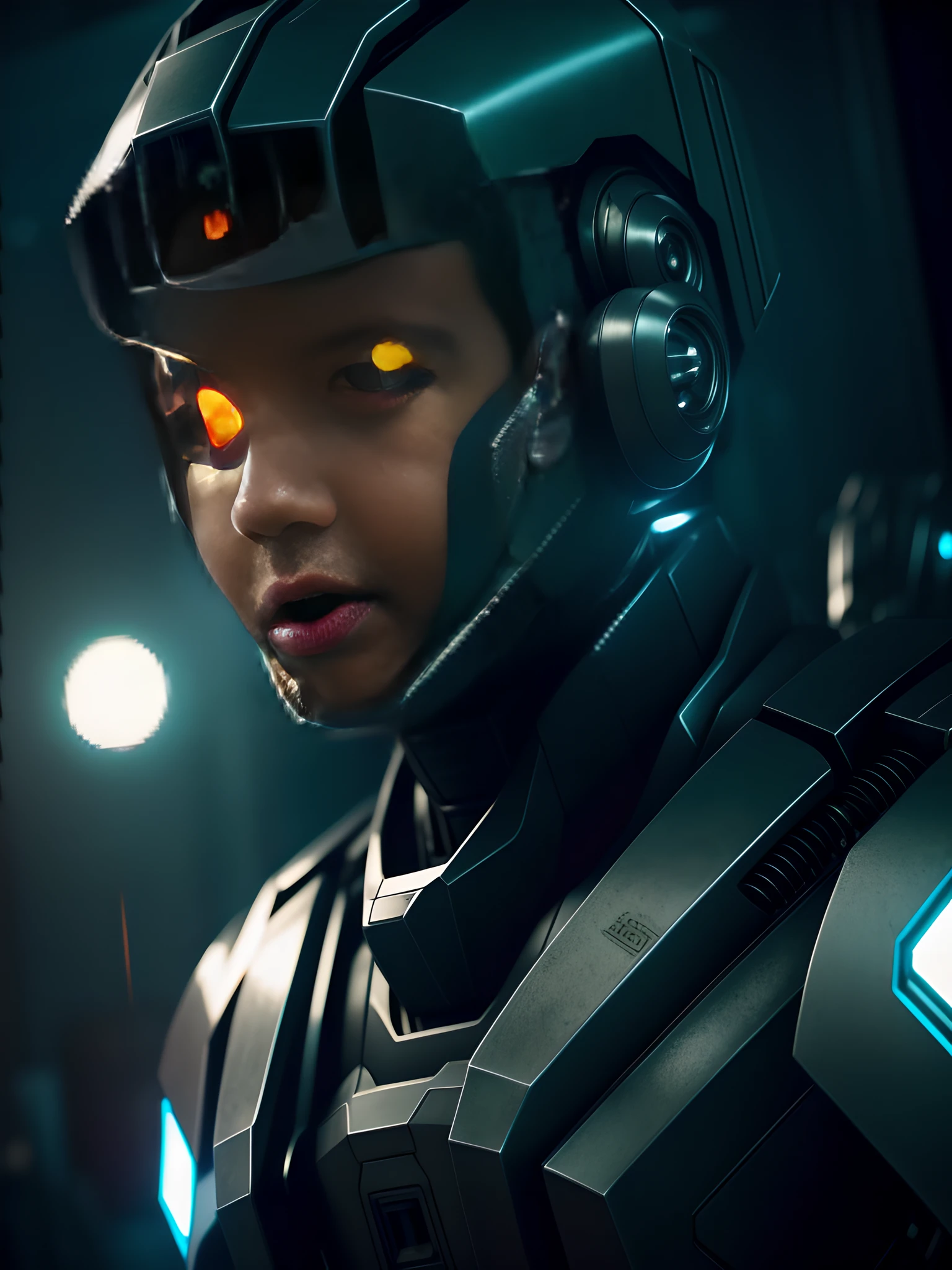 Film style, Clear and realistic lighting, Robot transformador realista con rasgos humanos, sci-fi atmosphere, Muy detallado, Vista de abajo hacia arriba, (Impressive geometry)