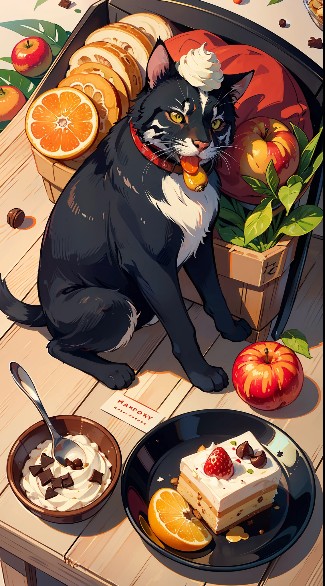 (best quality), ((masterpiece)), (highres), illustration, original, extremely detailed wallpaper, no humans, food, fruit, cat, paw print, cherry, sleeping, sparkle, apple, white cat, :3, simple background, box, calico, strawberry, pink background, animal, zzz, leaf, grapes, bowl, cup, acorn, lying, closed eyes, rabbit, light bulb, pet bowl, bug, dog, food focus, in container, star (symbol), plate, doughnut, fish, blush stickers, animal focus, stuffed toy, blueberry, cardboard box, stuffed animal, bear, mushroom, cake, cookie, cat print, yarn, pillow, spoken object, orange (fruit), on side, holding, candy, closed mouth, food art, arrow (symbol), on back, maneki-neko, heart, jar, butterfly, cupcake, sitting, red apple, berry, smile, wagashi, in box, looking at viewer, tiger, hamster, envelope, animal print, pudding, sparrow, thought bubble, yarn ball, cake slice, chocolate, open mouth, flower, blush, daruma doll, comic, shiba inu, pawpads, sparkling eyes, mouse, hat, bird, dessert, object on head, banana, tail, clothed animal, cushion, onigiri, mug, cat ears, mandarin orange, tanuki, standing, coin, sweets, squirrel, english text, milk carton, whipped cream, peach, holding food, >_<, black cat, :<, marshmallow, teddy bear, cream, food on head, tomato, whiskers, leaf on head, animalization, shell, notice lines, gift, toy, fox, tongue, artist name, plant, bread, pancake, cat tail, dreaming, spoon, ball, eating, mouth hold, teacup, basket, bow, brown background, solid circle eyes, chibi, dango, ice cream, fork, saucer, bottle, stuffed cat, letter, pill, twitter username, sign, happy, musical note, frog, solid oval eyes, macaron, red eyes