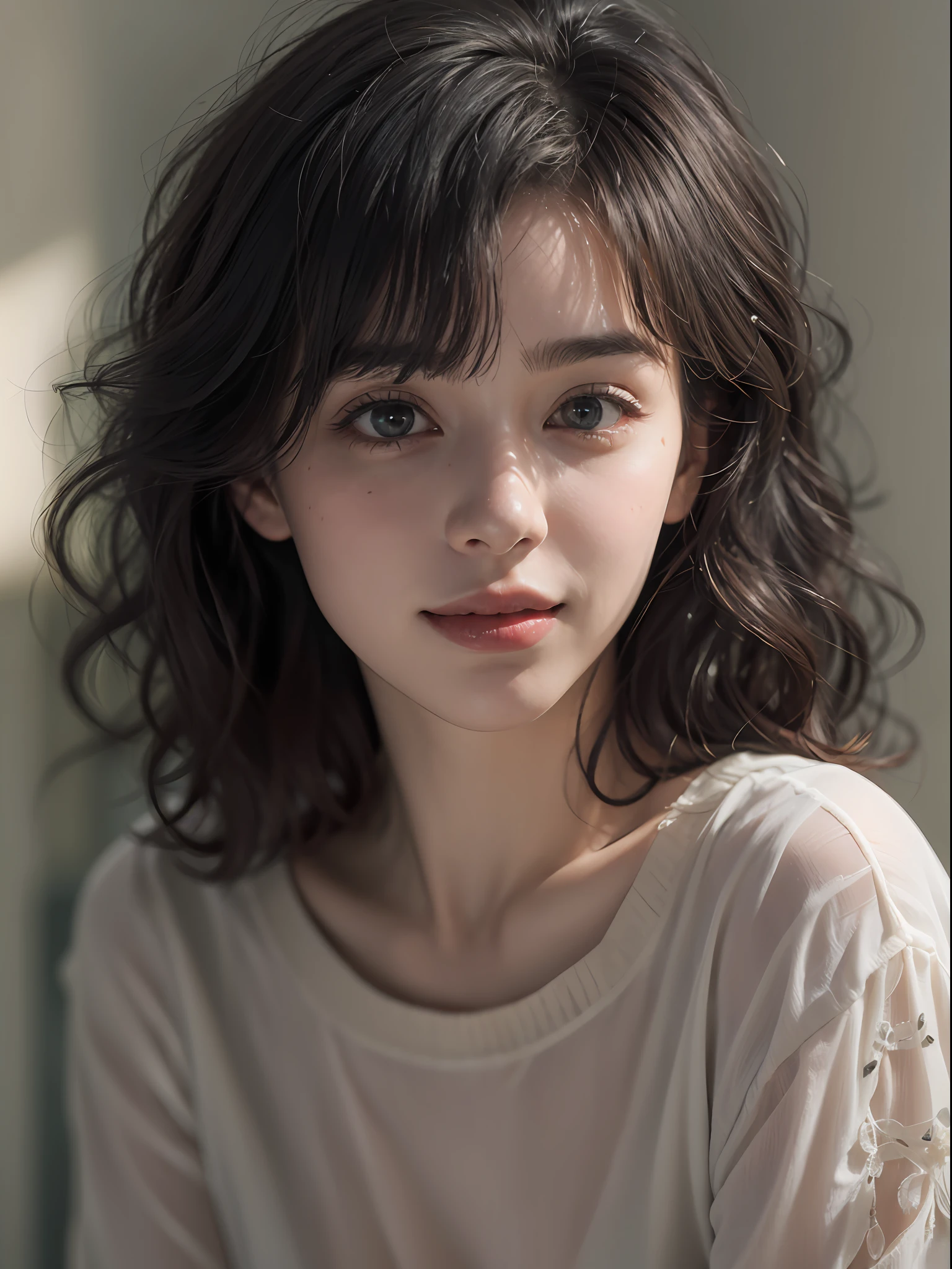 (RAW photo, best quality), (realistic, photo-realistic:1.3), masterpiece, an extremely delicate and beautiful, extremely detailed, CG, unity, 8k, amazing, finely detail, ultra-detailed, highres, absurdres, soft light, (black hair, short hair, curly hair, messy hair, bangs), beautiful detailed girl, detailed fingers, extremely detailed eyes and face, beautiful detailed nose, beautiful detailed eyes, (light on face), looking at viewer, (closed mouth:1.2), 1girl, cute, young, mature face, pale skin, (half body:1.3, sitting), (medium breasts), realistic face, realistic body, beautiful detailed thigh, (ulzzang-6500-v1.1:0.6), black shirt, (semi smile:1.3),