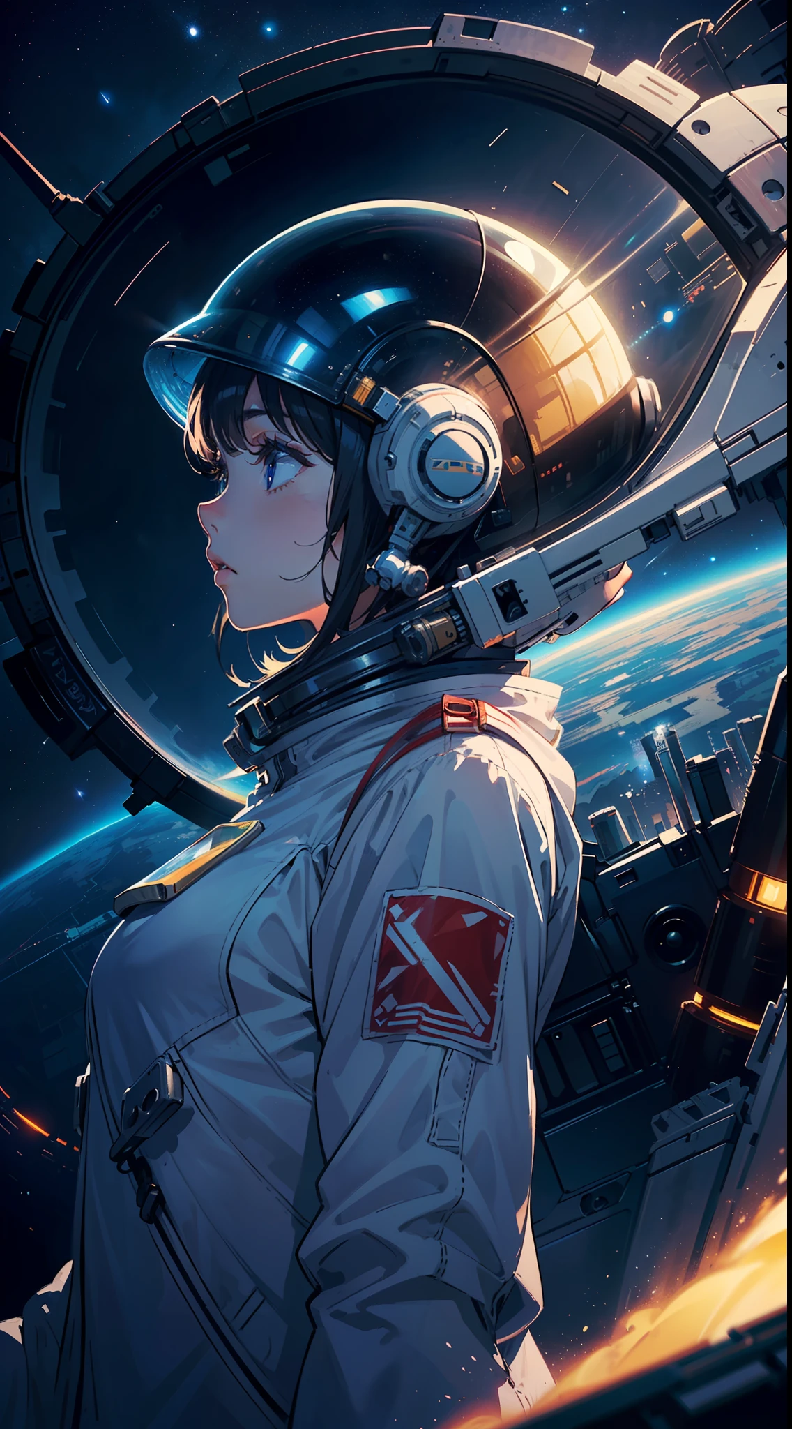 (((masterpiece,best quality,an extremely delicate and beautiful,illustration))),
(from side,medium long shot),
((a cute_detailed_girl in spacesuit,beautiful_detailed_face in aerospace_helmet)),(((upper body))),(disheveled hair:0.3),
(((clouds:0.3),multiple_luna,(floating_fortress technology machinery),night sky background)),
(cyberpunk_aerospace_helmet),