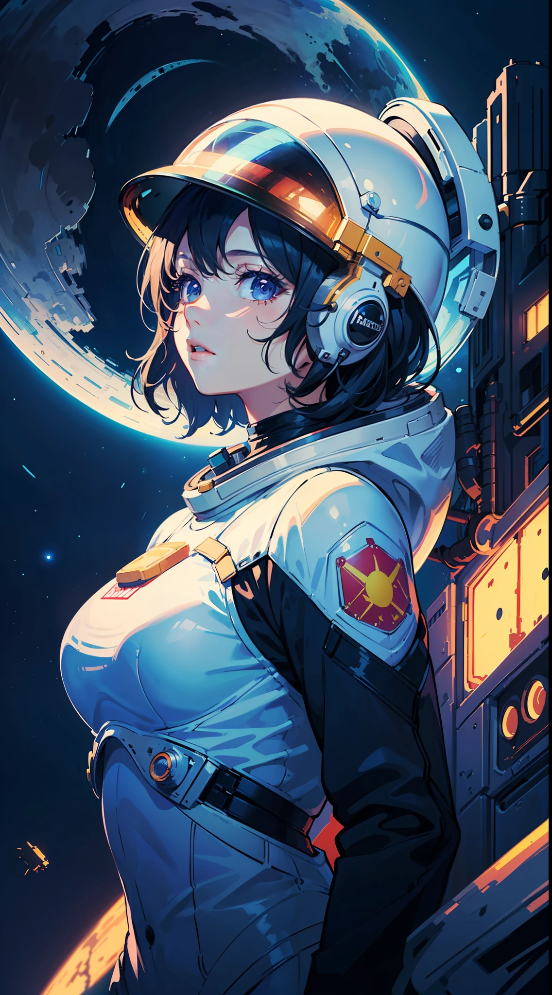 (((masterpiece,best quality,an extremely delicate and beautiful,illustration))),
(from side,medium long shot),
((a cute_detailed_girl in spacesuit,beautiful_detailed_face in aerospace_helmet)),(((upper body))),(disheveled hair:0.3),
(((clouds:0.3),multiple_luna,(floating_fortress technology machinery),night sky background)),
(cyberpunk_aerospace_helmet),