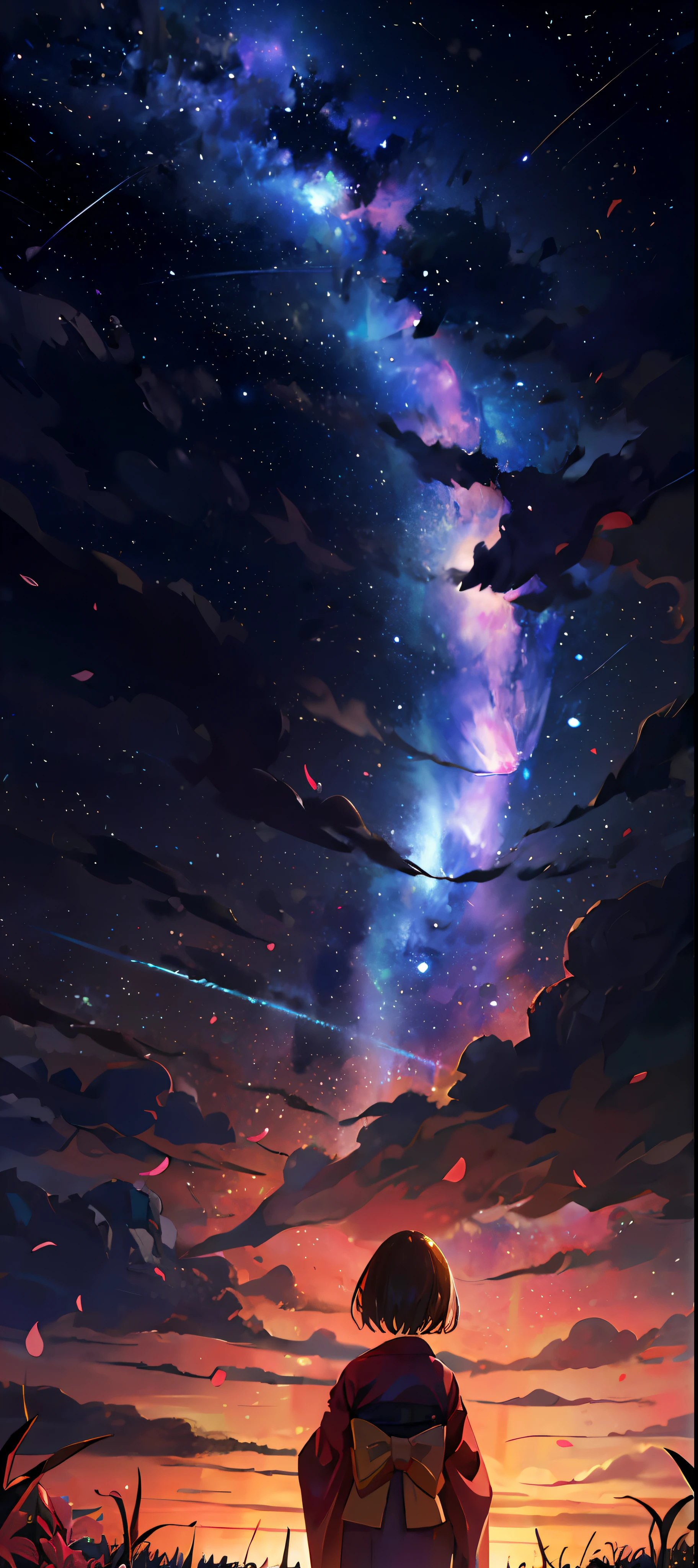 One, distant girl in kimono staring at the stars (reduced: 1.1), (meteor shower: 1.2), (comet: 1.1), your name, low angle, from behind, arrow labrealis shooting star, yukata, red kimono, cherry blossoms, highest quality standing in the field, masterpiece, clouds, colorful, starry sky, stars,