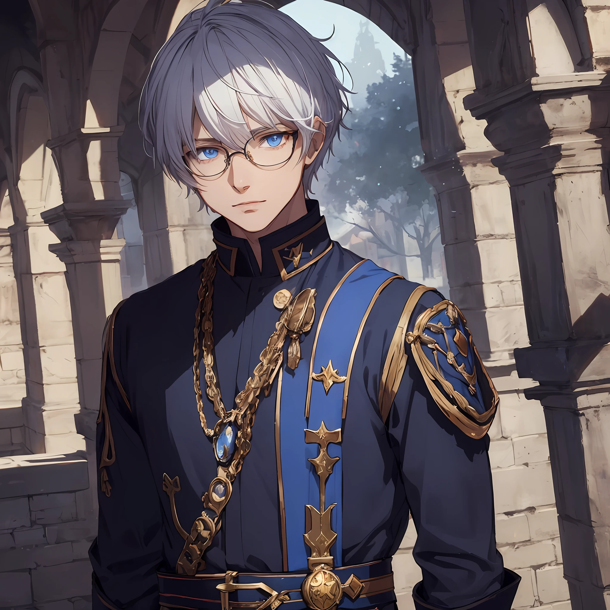 masterpiece, best quality, 1man, adult, male focus, solo, white hair, short hair, vibrant blue eyes, looking at viewer, closed mouth, Fantasy aesthetics, Highly detailed, shadowverse style, black mage commander attire, oval glasses