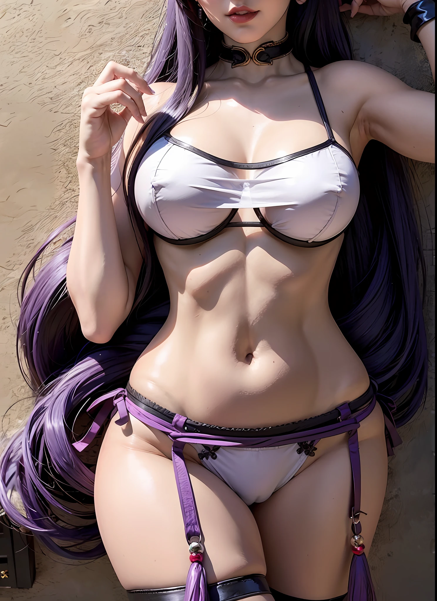 Flaxen torn cape, white sleeveless shirt, long untied hair, pinched eyes, big tits, thick thighs, white panties, (dark black one-piece stockings: 1.6), dark purple hip skirt, collar, smile(Minamoto _no_Raikou: 1.4), micro bikini