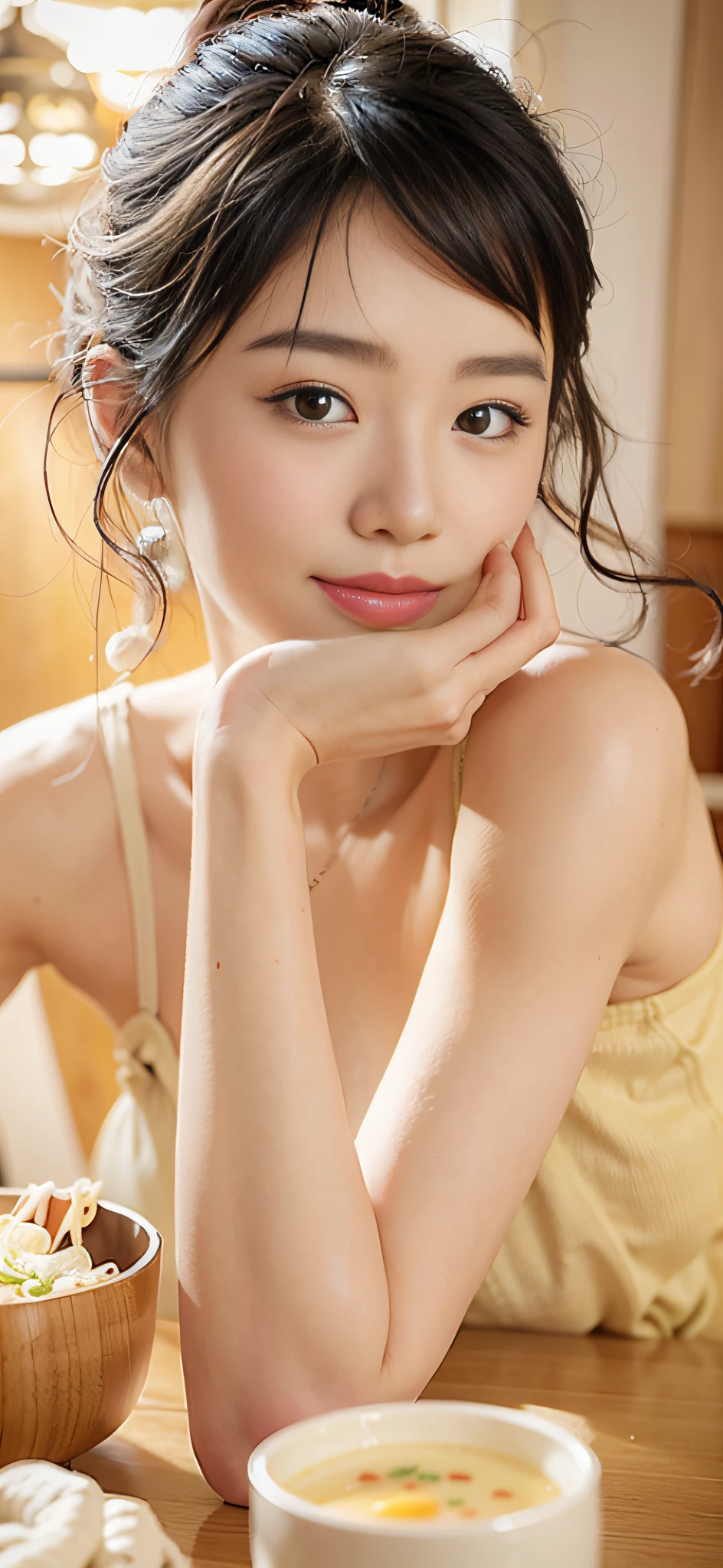 There was a woman sitting at the table,Carrying a bowl of food, cute delicate face, beautiful delicate face, girl cute-fine face, Beautiful young Korean woman, young cute wan asian face, with cute - fine - face, Gorgeous young Korean woman, cute young woman, beautiful Japanese girl face, cute-fine-face, Cute - fine - face