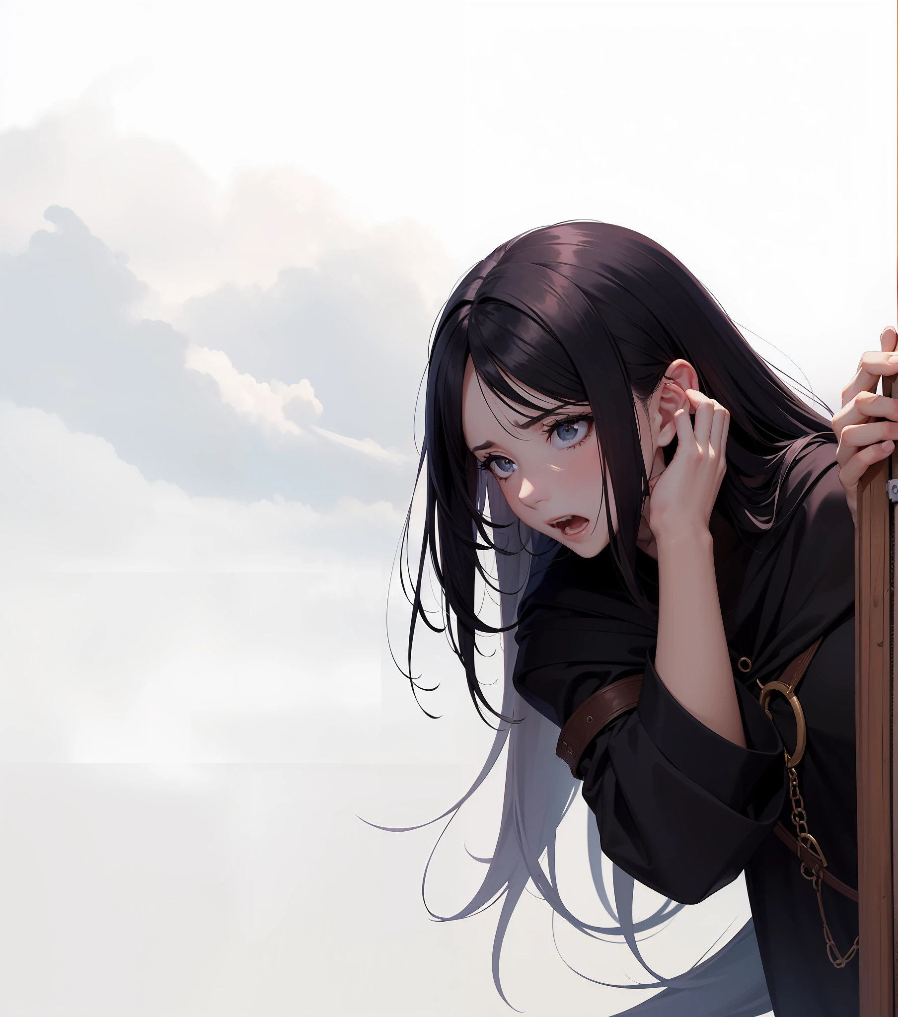 1 garota ajoelhada com medo, fear expression, panicked, Hand on face, head down, cabelo castanho escuro, sky background, navio pirata, obra prima, realista, atmosfesra medieval.