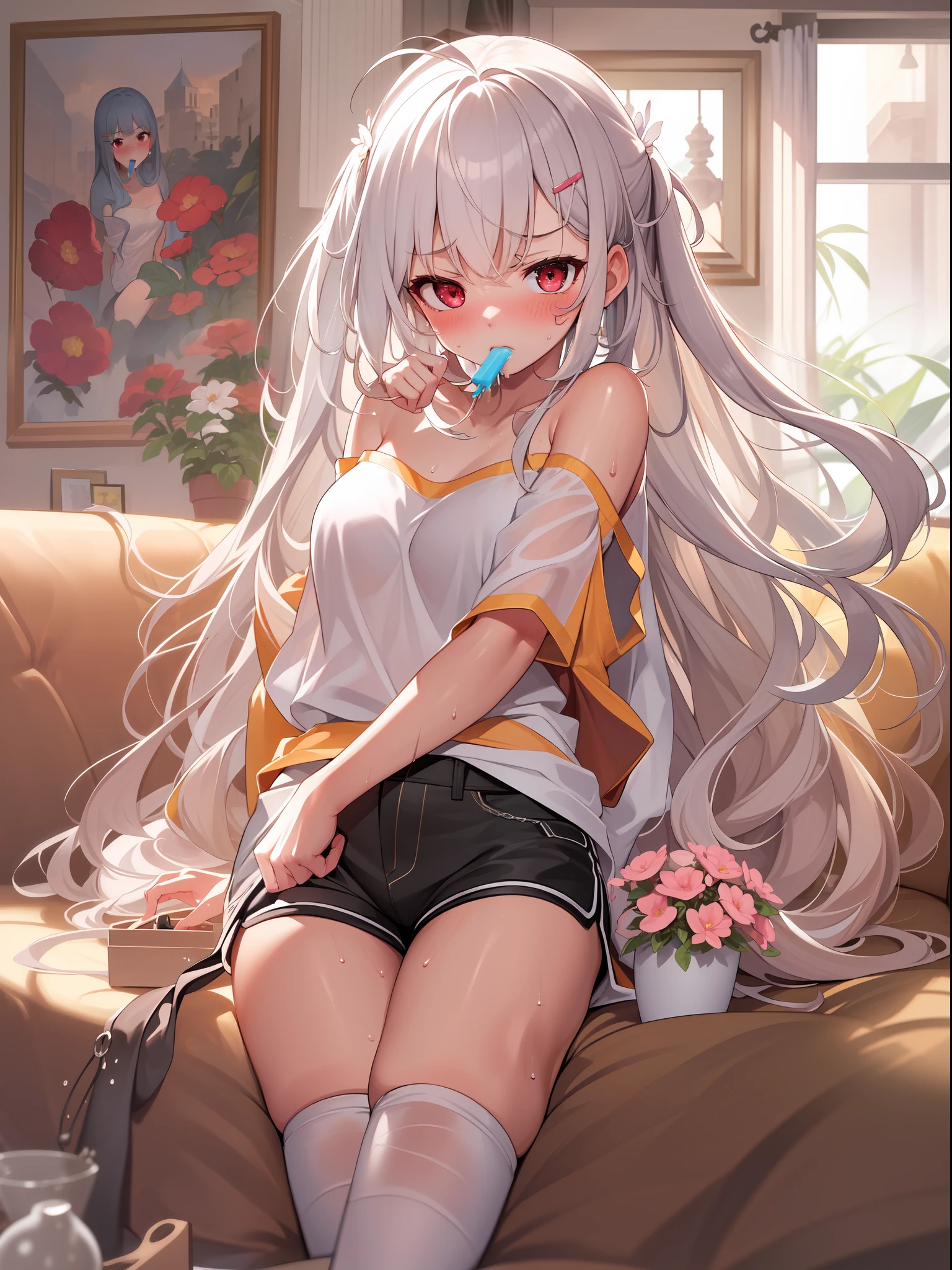 (wide view, full body, panorama:1.5), masterpiece, 8k wallpaper, absurdres, best quality, dynamic angle, detailed lighting, 1girl, charming, delicate, extremely cute, medium breasts, white hair, ahoge, long hair, super messy hair, detailed eyes, red eyes, (strapless top, shorts, super bored, blush, frown, mouth open, unhappy, sweat:1.2), licking popsicle, sitting on couch, hair clips, blush, bright lighting, detailed background, indoors, living room, couch, double window sliding doors, flower pots, shelves, wooden floor, lamps, carpet, paintings, windows, messy,