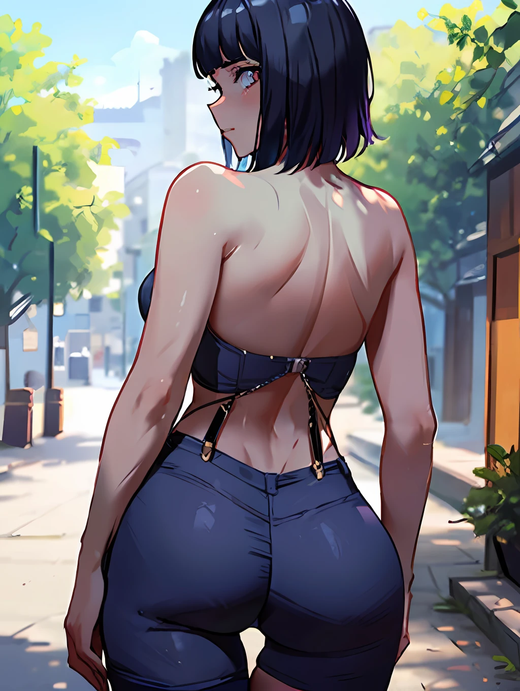 (Masterpiece), illustration,1girl, upper,only suspenders,black, Hinata, hyuga hinata, ((looking at viewer:1.2)), embarrassed, nervous,back view,wide ass,thigh gap, thigh high, outdoor, upper body,big breasts, short hair, cowboy shot,