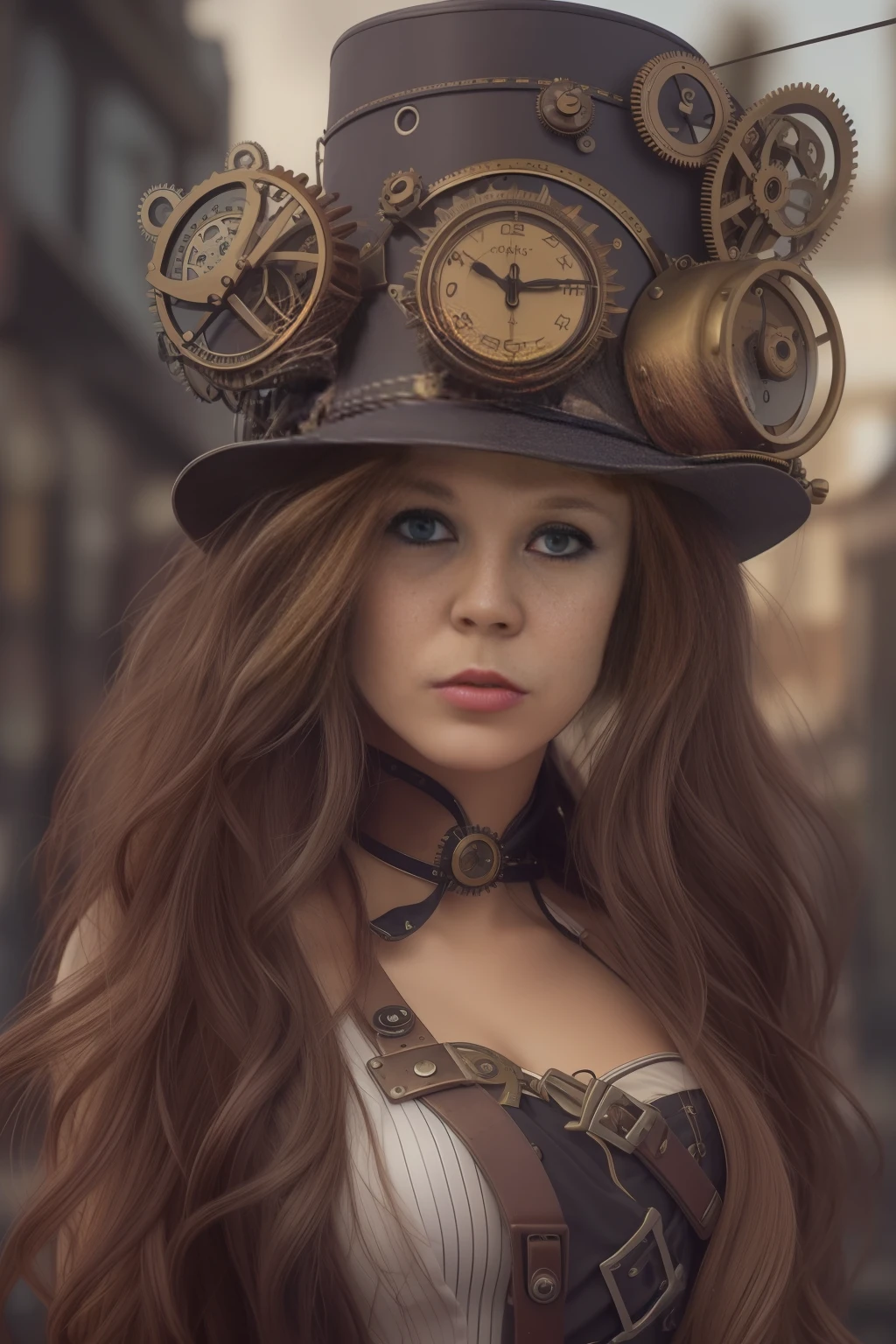 foto de mujer, (in front of camera), cara europea detallada, (aspiring facial expression), (((estilo steampunk cerca))), ((ciudad steampunk en el fondo)), RAW, estilo, photography ultra detailed, cinematography lighting, artstation, 4k, foco nítido, high resolusion, piel detallada, ojos detallados,