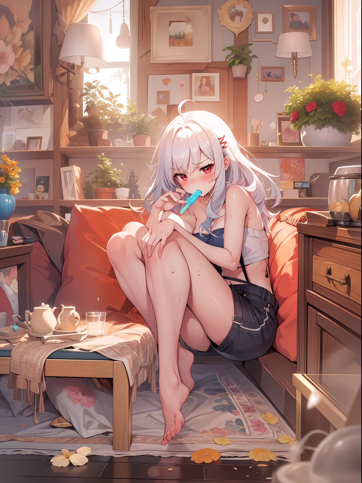 (wide view, full body, panorama:1.5), masterpiece, 8k wallpaper, absurdres, best quality, dynamic angle, detailed lighting, 1girl, charming, delicate, extremely cute, medium breasts, white hair, ahoge, long hair, super messy hair, detailed eyes, red eyes, (strapless top, shorts, super bored, blush, frown, mouth open, unhappy, sweat:1.2), licking popsicle, sitting on couch, hair clips, blush, bright lighting, detailed background, indoors, living room, couch, double window sliding doors, flower pots, shelves, wooden floor, lamps, carpet, paintings, windows, messy,