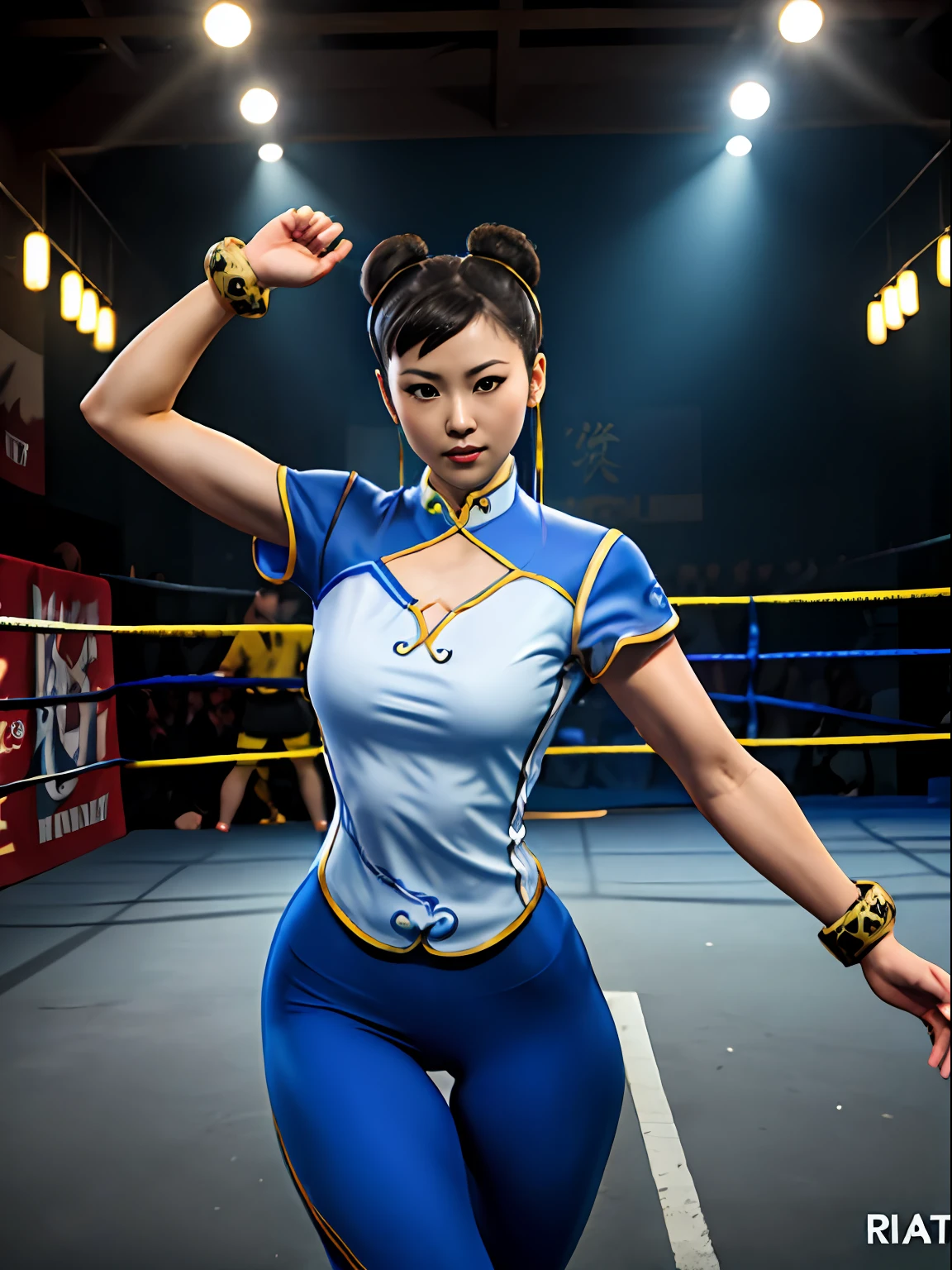 Woman in her 20s, chun-li, gorgeous, (perfect face), defined chin, beautiful deep brown eyes, beautiful lips, (short brown hair, bun, double bun), (perfect anatomy), (athletic body), (sexy), (thick thighs), (perfect hands), (blue cheongsam), blue tights, pointed bracelets, looking at the viewer, (full mid-plane photograph), (fight arena background), realistic, street fudo chinese trade, thigh gap