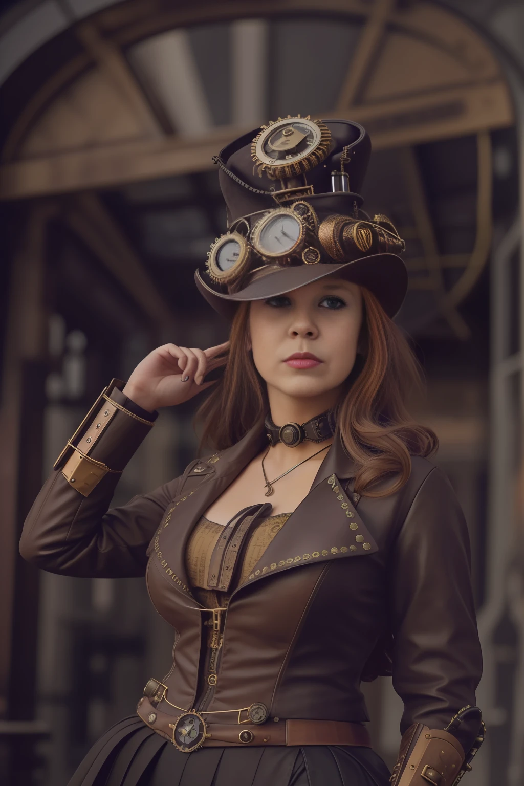 foto de mujer, (in front of camera), cara europea detallada, (aspiring facial expression), (((estilo steampunk cerca))), ((ciudad steampunk en el fondo)), RAW, estilo, photography ultra detailed, cinematography lighting, artstation, 4k, foco nítido, high resolusion, piel detallada, ojos detallados,