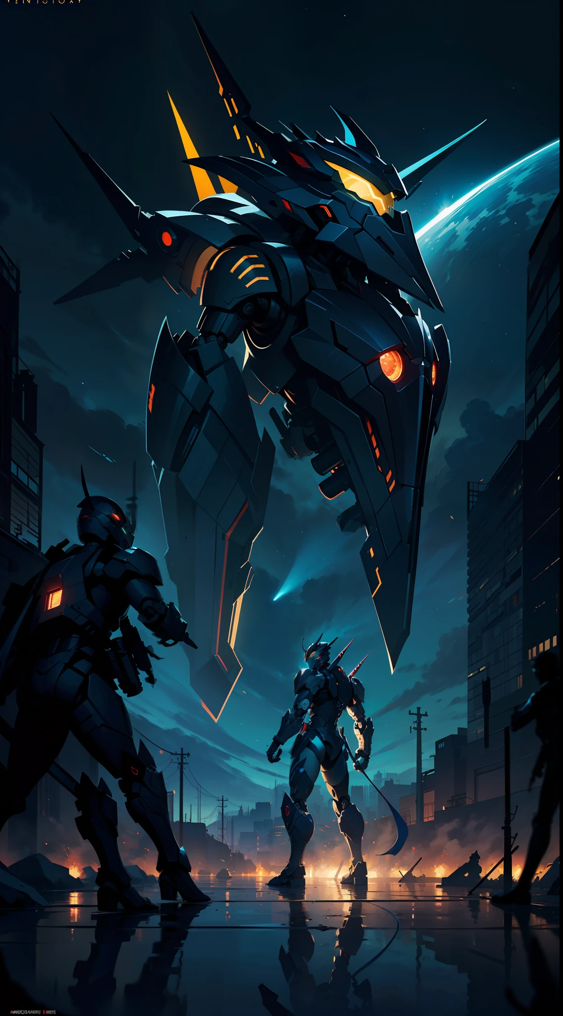 (masterpiece), (best quality),(illustration),colorful,from side,((chinese colorful ink)),flat color,

,8k, fantasy, robot giant, mecha style, black gold, ultra detailed, ambient light, volumetric lighting, (dark night:1.4) galaxy, reflection of light, reflective lighting, sharp focus, battle pose, legendary armor, megastructure, engine, mechanical (intricated detail:0.7), full body shot, flying,

(Amazing),(Absurd),((sharp focus)), ((extremely detailed)), ((high saturation)),((colorful))