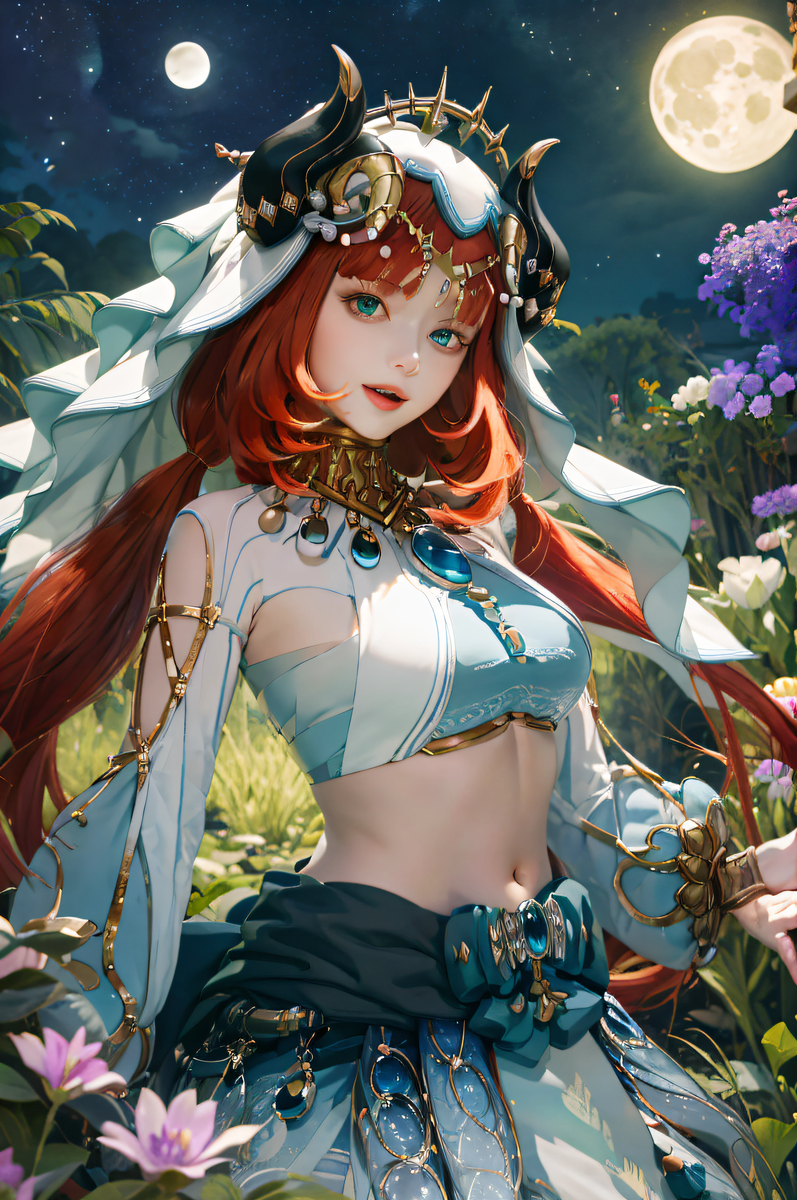 (Realistic painting style:1.1), masterpiece, best quality, absurdres, nilou (neither flower nor mist) (genshin impact), aqua eyes, nilou (genshin impact), fake horns, 1girl, solo, red hair, veil, smile, moon, long hair, crop top, jewelry, horns, night, bracer, brooch, long sleeves, puffy long sleeves, looking at viewer, skirt, bangs, twintails, water, puffy sleeves, sky, neck ring, open mouth, :d, full moon, night sky, flower, harem outfit, gold trim, parted bangs, arm up, breasts, circlet, outdoors, blue skirt, hair ornament, detached sleeves, low twintails, floating hair, gem, hair flower, blue gemstone, hand up, dancer, white headwear, small breasts, stomach, midriff, cowboy shot, blue bow, very long hair