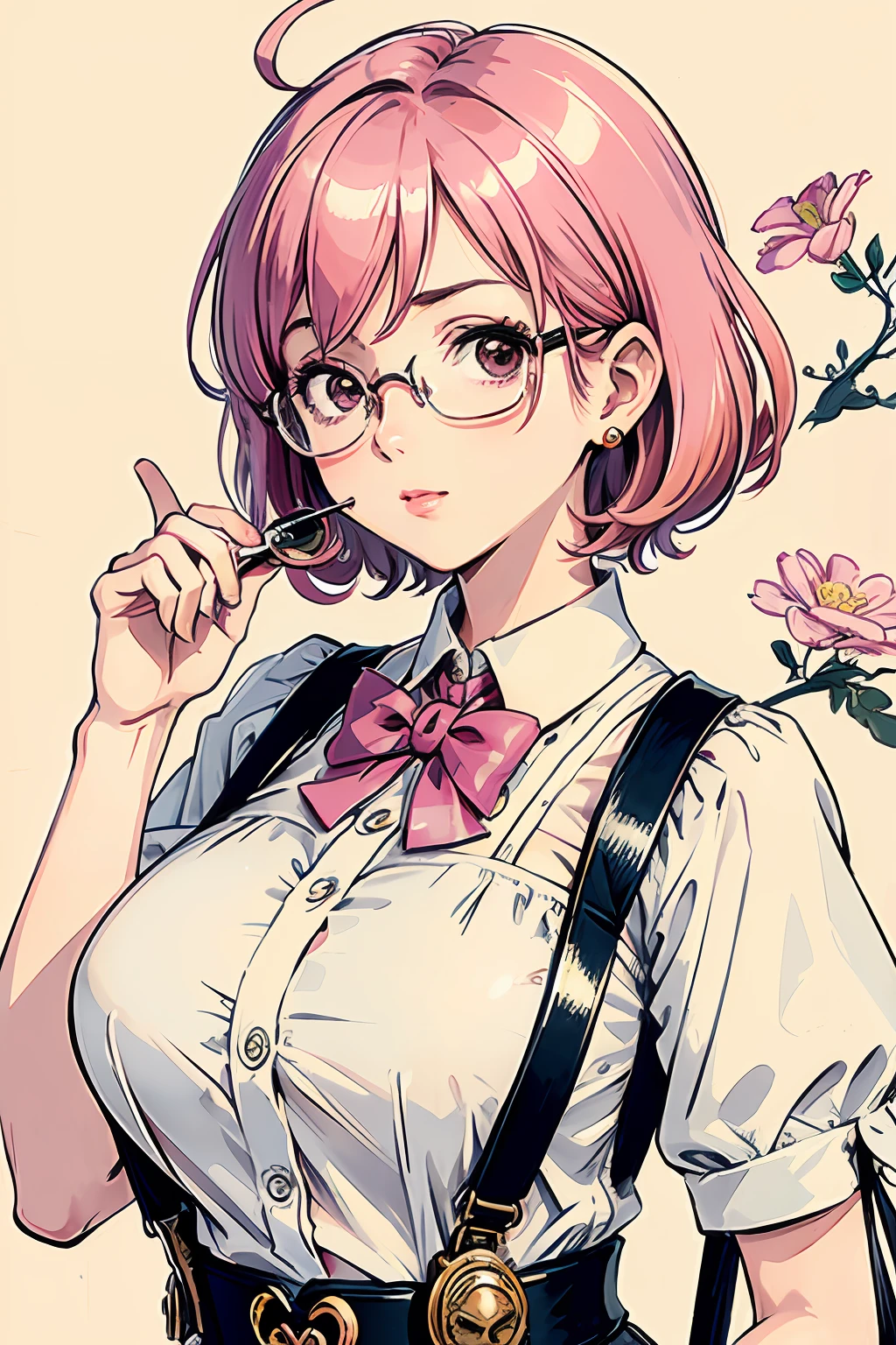 (masterpiece:1.2, best quality), (dinamic lighting) 1lady, solo, short hair, big breasts,  (shiny skin:1.2), upper body, monocle, glasses, modern, wavy pink hair,Suspenders, flower on ear, harajuku style, hair pin,  ,ahoge