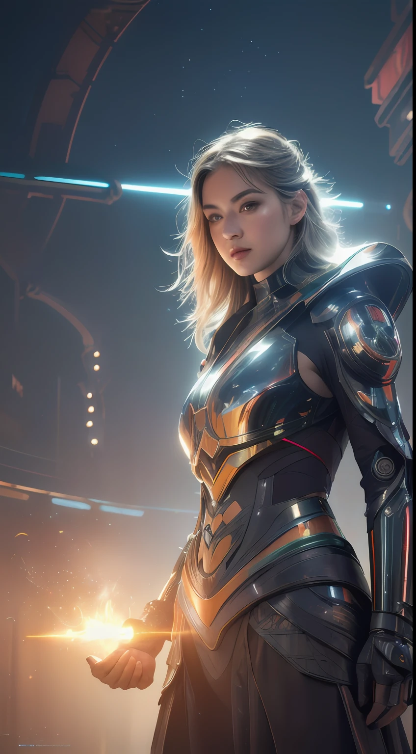 Masterpiece, Best Quality, Cinema, Official Art, Propaganda Art, Cinematic Wallpapers, Very Detailed CG Uniform 4k Wallpapers, Intricate Details, Upper Body, Facial Focus, Concept Art, Production Art, ( , highres, (realistic, photo-realistic:1.2), physically-based rendering, machinery, reflection, realistic, cyberpunk, symmetric front view close up head shot eyes symmetry face very sharp focus realistic award winning matte drawing movie lights, mecha, (Illustration: 1.1), slim, fair skin, delicate face, shine, tights, (long blonde hair), Japanese shrine costume, green eyes, battlefield, chip, shine, vast landscape photo, (from below, starry sky above, open field below), a girl standing on a flower field looking up, (string moon: 1.2), (meteor: 0.9), (nebula: 1.3), tree BREAK making art, (Warm light source: 1.2), (Firefly: 1.2), lamps, lots of purple and orange, intricate details, volumetric lighting, realism BREAK (Masterpiece: 1.2), (Best Quality), 4K, Ultra-Detailed, (Dynamic Composition: 1.4), Very Detailed, Rich in Detail, (Iridescent Colors: 1.2), (Glowing, Atmospheric Illumination), Dreamy, Fantastic, (Solo: 1.2) Gray Hair, Long Flowing Hair, Strong Wind, Orange Eyes, Shiny Eyes, Large, Face, Chest and Thighs Raw, Visible. photorealistic real, portfolio, fine LED,beautifully decorated, beautiful relief, small parts polymerization, metal cylinder, detailed neon, fine LED, fine parts, gear, gauge, pressure gauge, steam