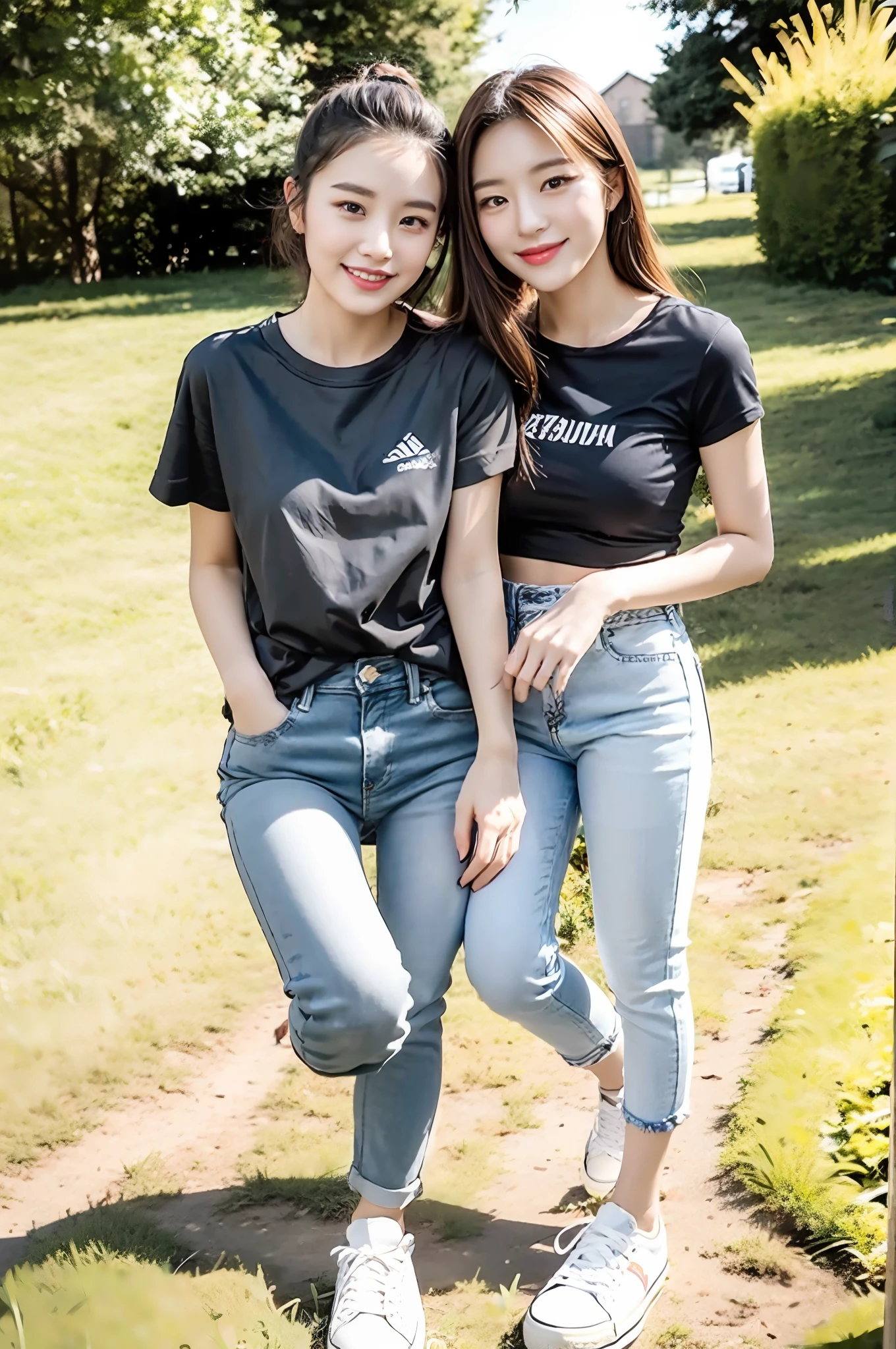 (best qualtiy:1.4),Complicated details,20 years old Korean girl,Wear a loose black T-shirt and skinny jeans,Stand on the grass and take pictures,Detailed meadow,A sweet smile on a small face,Ultra-realistic facial details,Playful and coquettish pose,The calves are straight and slender:1.2,Wear high-end branded colored canvas shoes:1.0,eventide:0.3,Broad lighting,naturalshadow:1.0,fully body photo:1.8