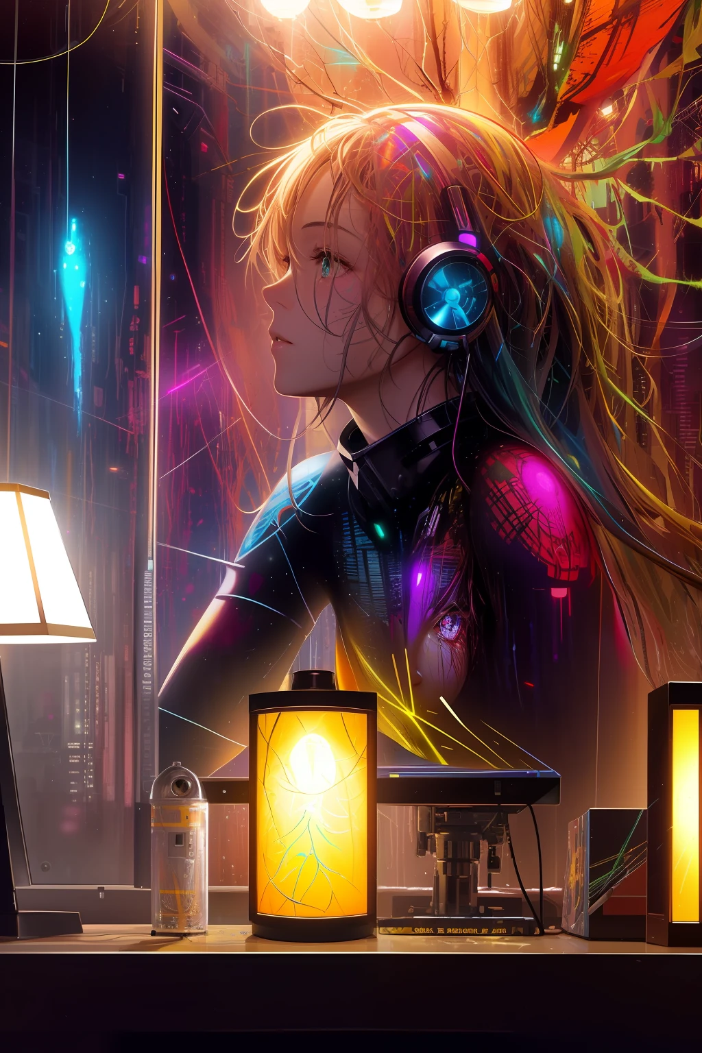 droid, lamp lights, the scars, refractions, posing on a, ultradetailed, HD, 8K, high light, Good lighting, most amazing effects, Sci-fi,((Art by Carne Griffiths and Sean Yoro))