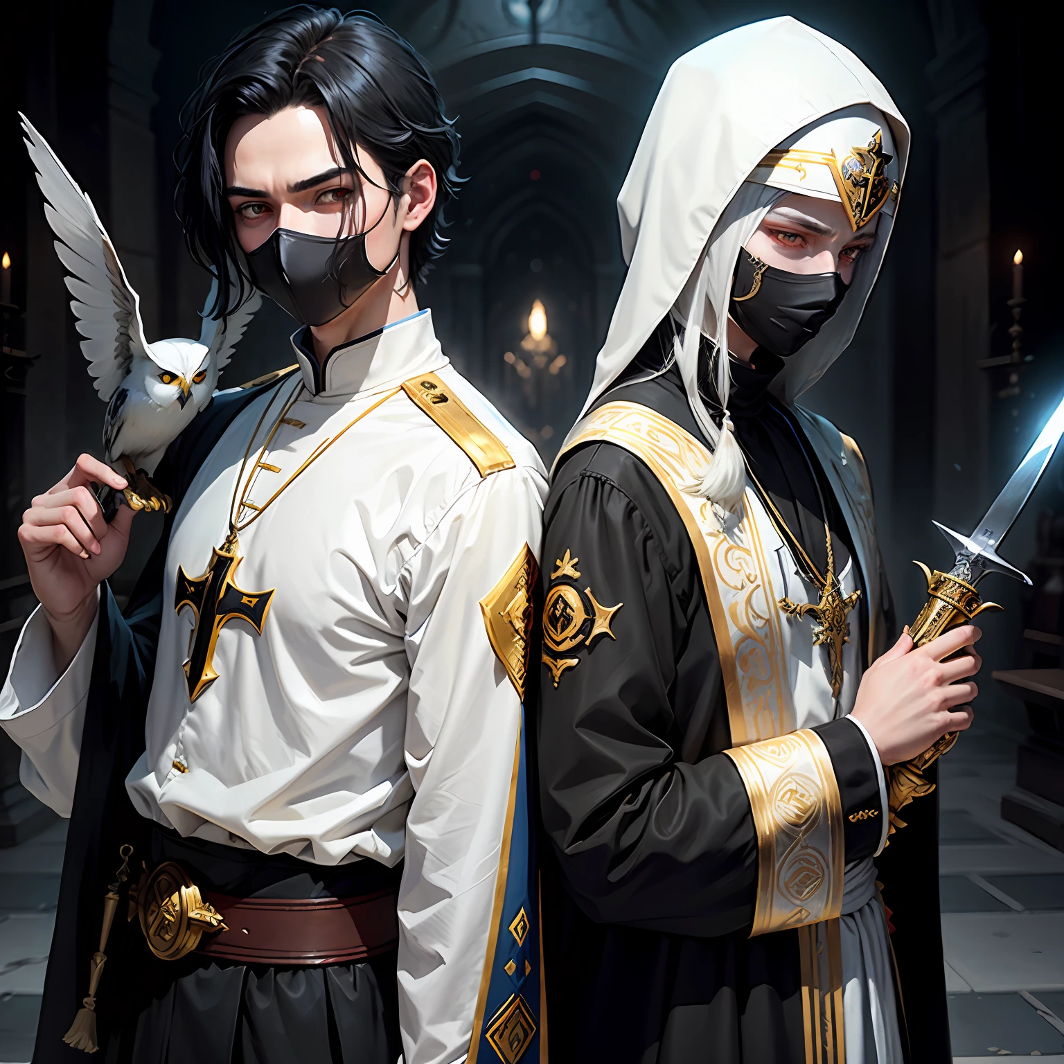 The two-dimensional teenager has black hair and ends in white，The pale blue priest was carrying a long knife，A golden emblem was pinned to the chest，The left eye is golden，Red right eye，Hold a mask in your hand，On the shoulder stands a white owl --auto