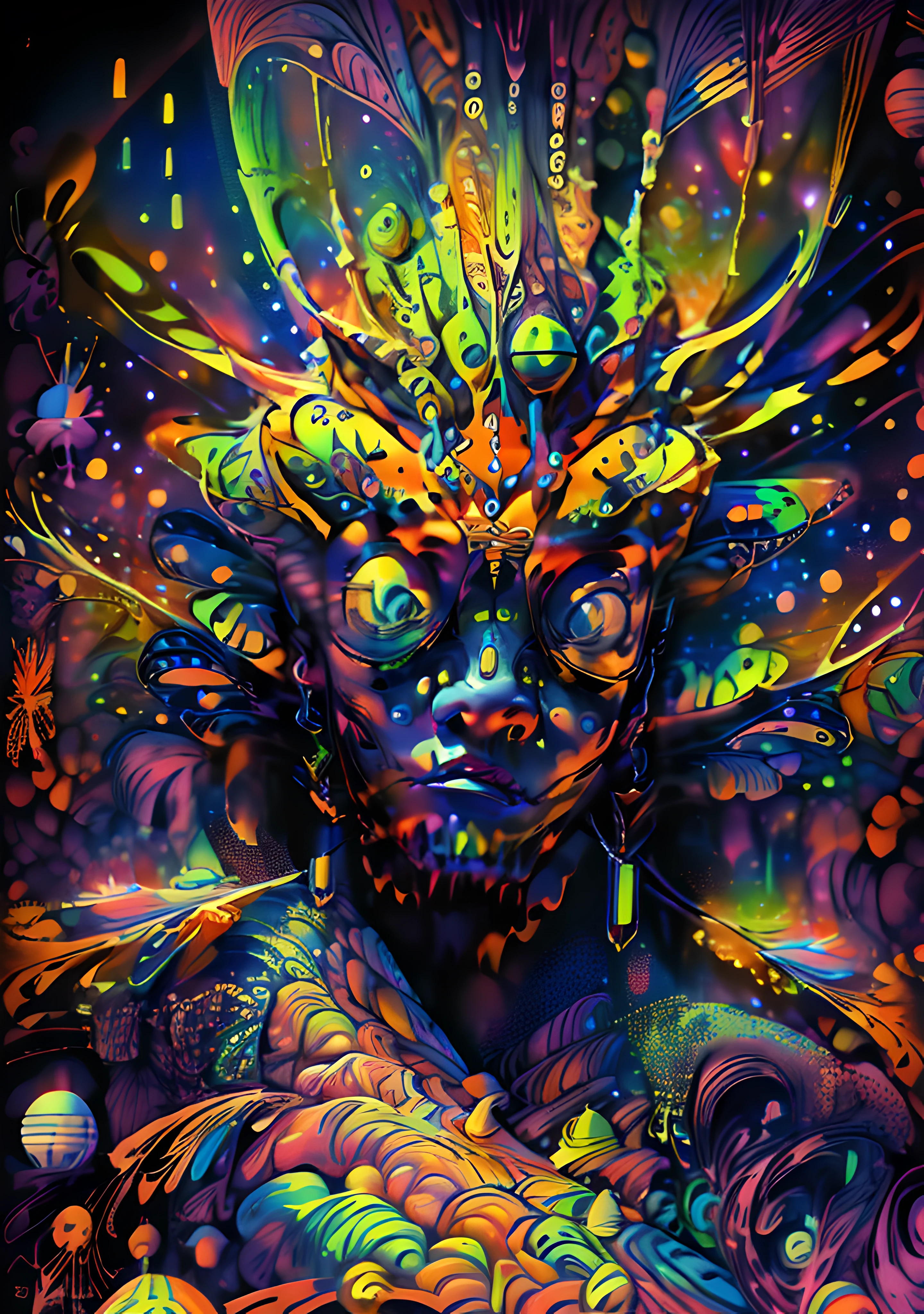 (High resolution, incredibly detailed, masterpiece), portrait of the close up from a bee
, featuring fractal geometry in (vibrant colors:0.8), set against a (galactic background:1.2), bringing together complex, mesmerizing shapes and patterns,dmt ,fractal art,stars and galaxies