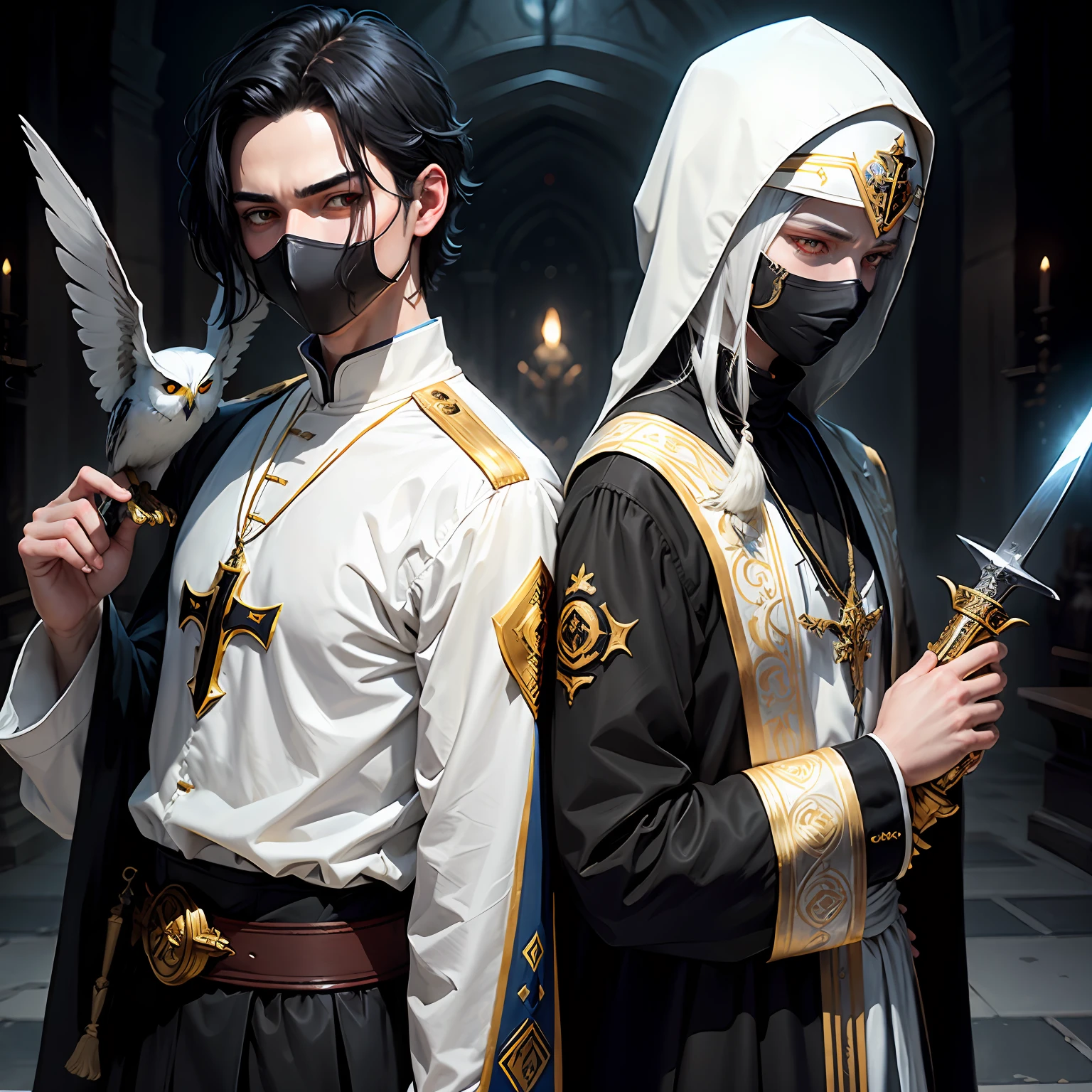The two-dimensional teenager has black hair and ends in white，The pale blue priest was carrying a long knife，A golden emblem was pinned to the chest，The left eye is golden，Red right eye，Hold a mask in your hand，On the shoulder stands a white owl --auto