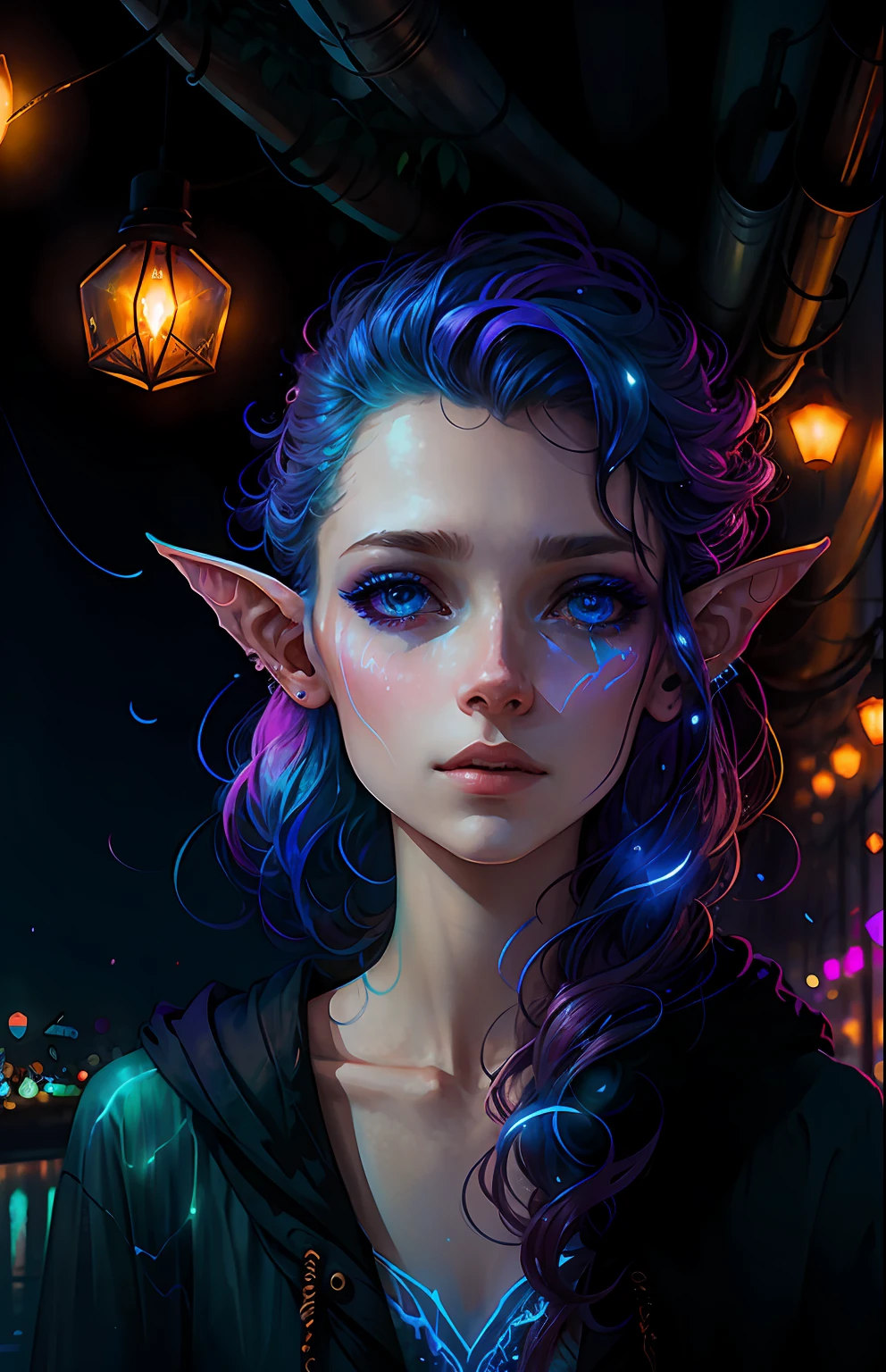 Photo, style synthwave a elf woman by agnes cecile, Luminous design, pastelcolor, ink dripping, Autumn lights,Perfect ears,Blue eyes
