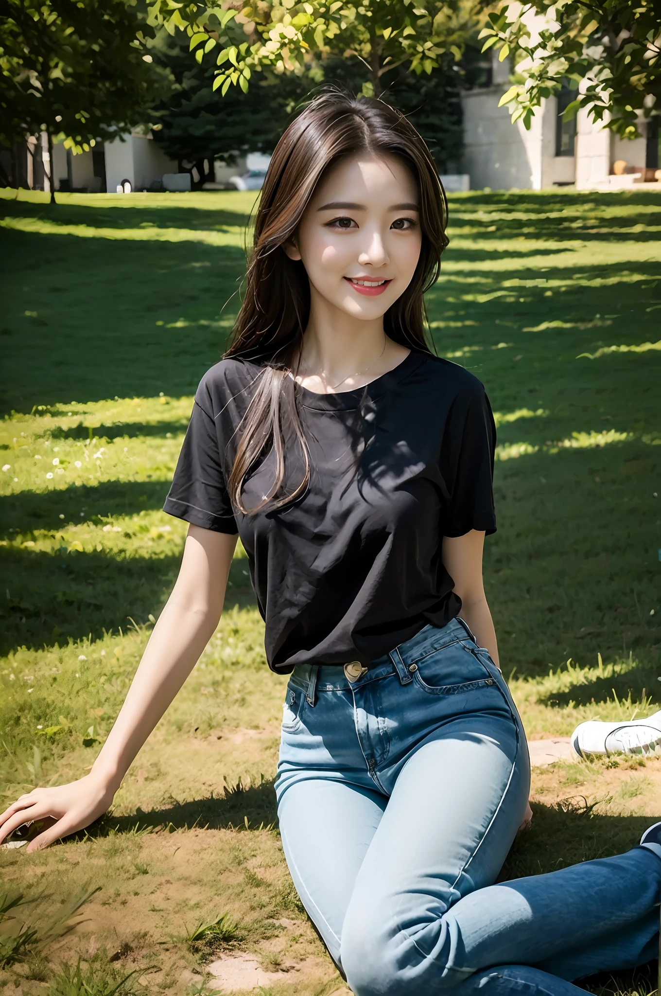 (best qualtiy:1.4),Complicated details,20 years old Korean girl,Wear a loose black T-shirt and skinny jeans,Stand on the grass and take pictures,Detailed meadow,A sweet smile on a small face,Ultra-realistic facial details,Playful and coquettish pose,The calves are straight and slender:1.2,Wear high-end brand colored travel shoes:1.0,eventide,warm color,Broad lighting,naturalshadow,fully body photo:1.8