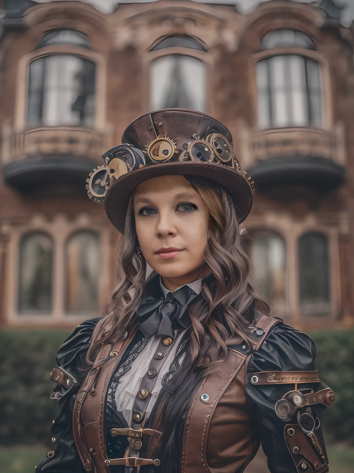 RAW photo, 1girl, a (portrait:1.2) of full body a cute woman wears steampunk outfits in front of a mansion, (high detailed skin:1.2), 8k uhd, dslr, soft lighting, high quality, film grain, Fujifilm XT3