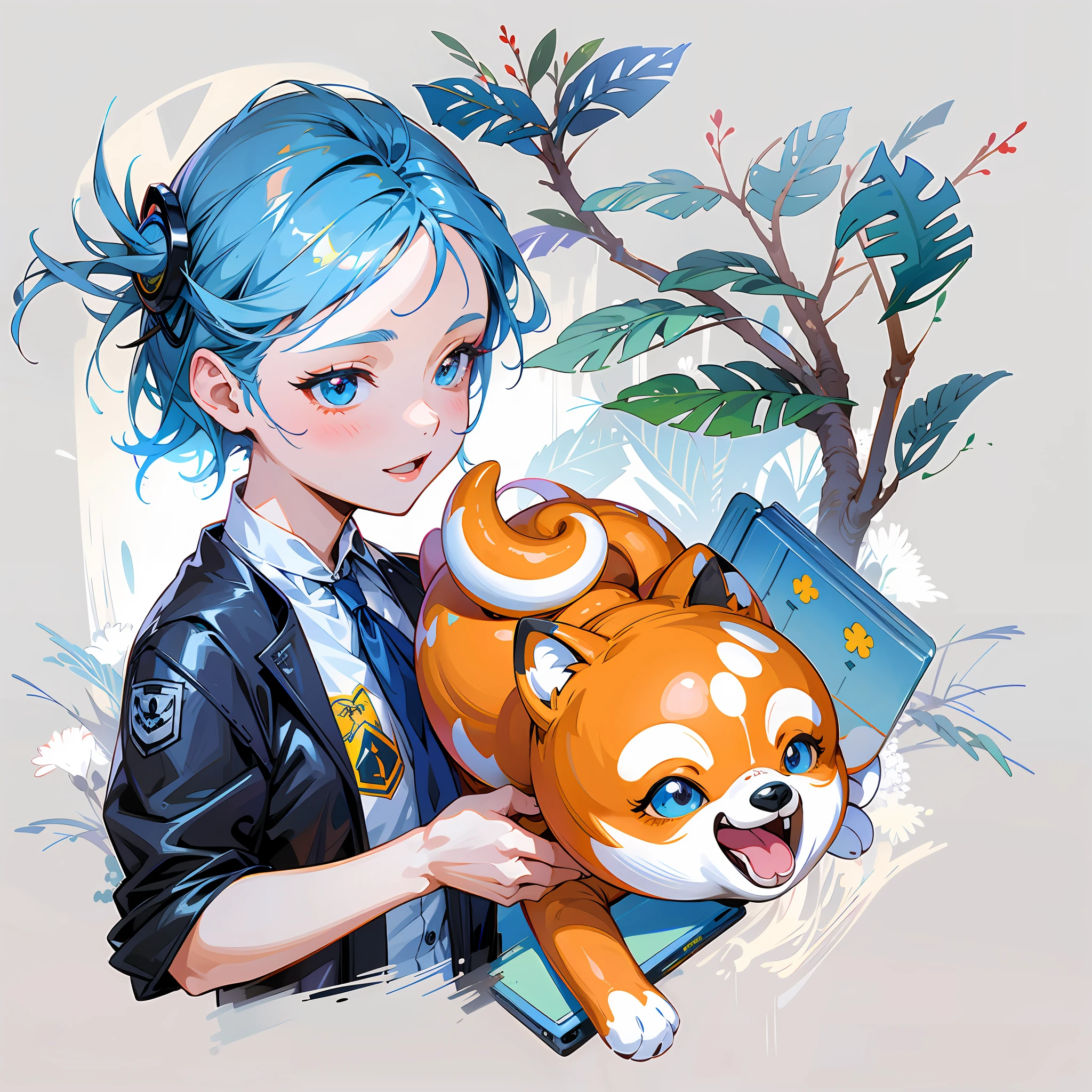 Anime girl with blue hair holding stuffed toy and laptop, Digital anime illustration, The plants in the back are full of flowers, Anime style illustration,fresh flowers
