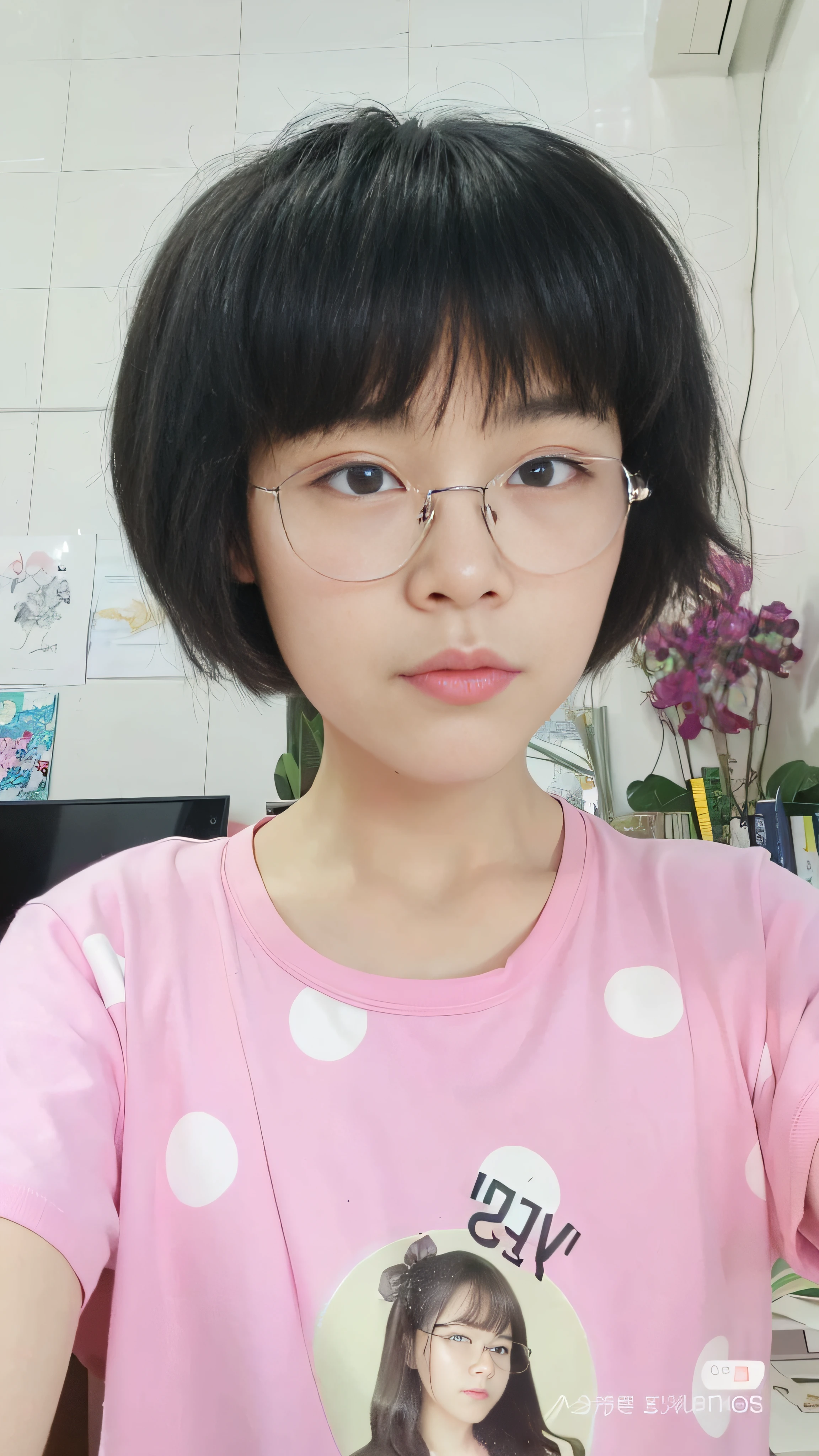 Close-up of a man wearing glasses and a pink shirt, wearing thin large round glasses, wearing small round glasses, With glasses, a girl with round glasses, yanjun cheng, young and cute girl, Girl with glasses, wears glasses, inspired by Leng Mei, eye glass, 8k selfie photograph, xintong chen, 🤤 girl portrait