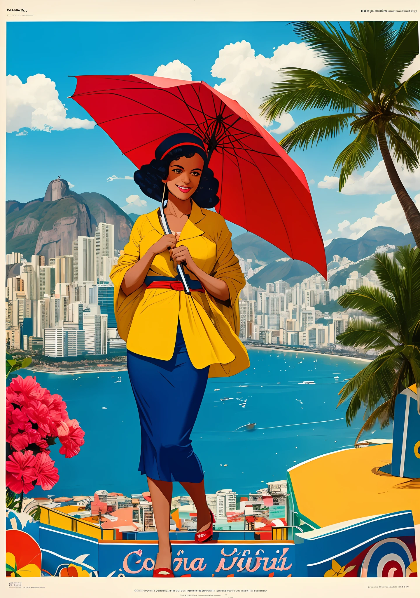 Copacabana, rio de janeiro, Brasil, cores quentes, 夏天, alegria, there is a poster of a WOMAN WITH umbrella, capa de revista, new yorker illustration, guarda-chuva vermelho, Directed by: Hugh Hughes, inspirado em Coles Phillips, Novo realismo, !! baixo contraste!!, Por Tom Purvis, Directed by: Amy Weber, ao sol, clima quente, Arte publicada, ! baixo contraste!, Directed by: Nathalie Rattner --auto