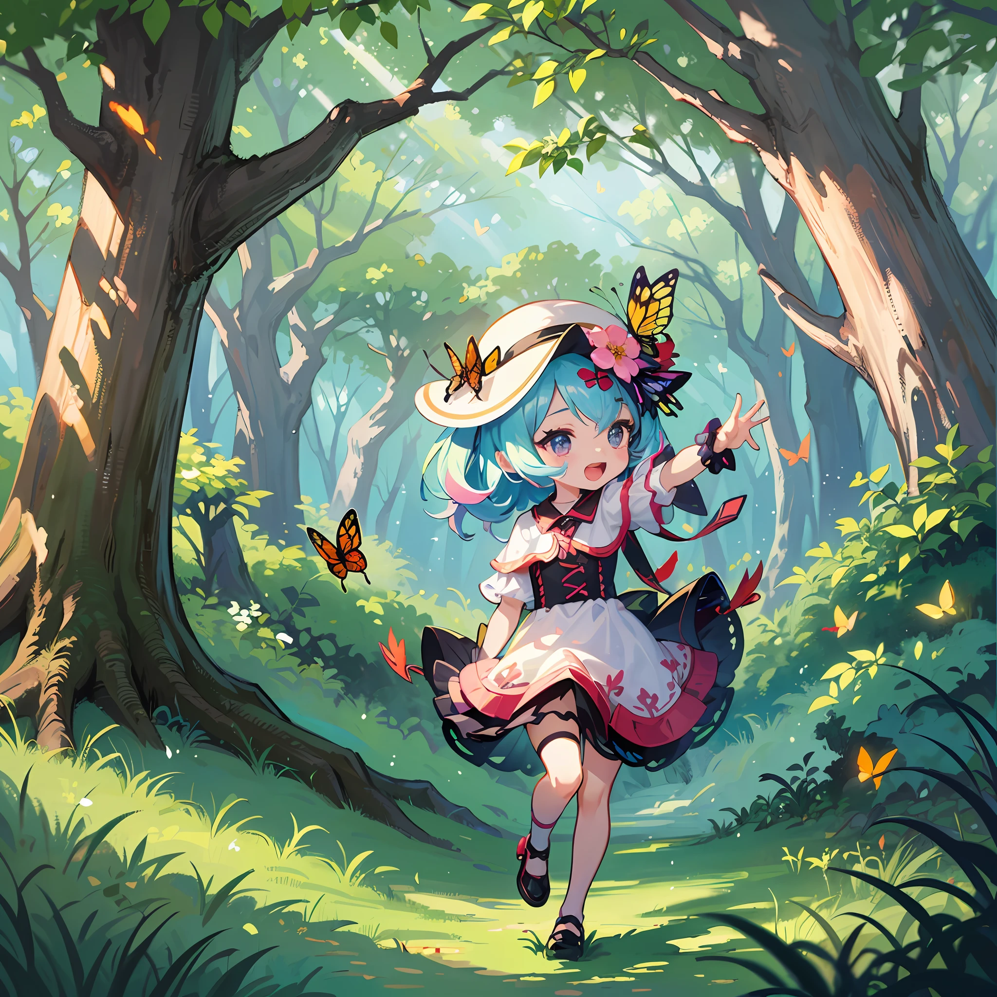 ((a sticker: 1.5))), ((Chibi Character)), ((Run with a butterfly net、Catching a beetle perched on a tree))), 1 girl, forest, Cheerful, Summer, Strongest , chibi character, Full body, Pastel Hair, masutepiece, of the highest quality, High Definition