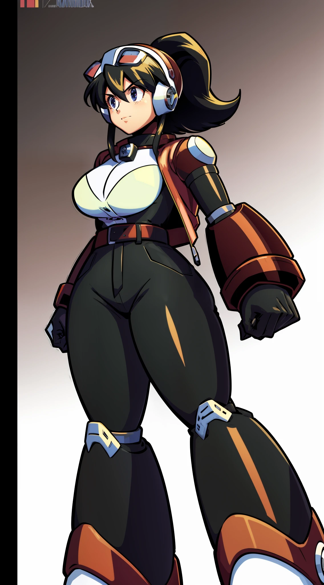 1Girl, Heavily red and white thick armor, two-tone gloves, black skirt, heavy black cybernetic boots, heavy cybernetic red/white arms with black bracelets/black wristbands, heavy cybernetic red torso with black jacket, black waist belt, megamanX red and white heavy armor, long black pony tail, red and black trim aviator goggles on forehead, heavy thick black hair, metallic red skirt, large tall black jacket, red armor with white trim, wearing biker/aviator jacket, wearing thick/wide black wristbands, punk pose, two-tone white and red gloves, long black/brown ponytail, big tall jacket, black skin-tight pants, hand in pocket with other hand on hip