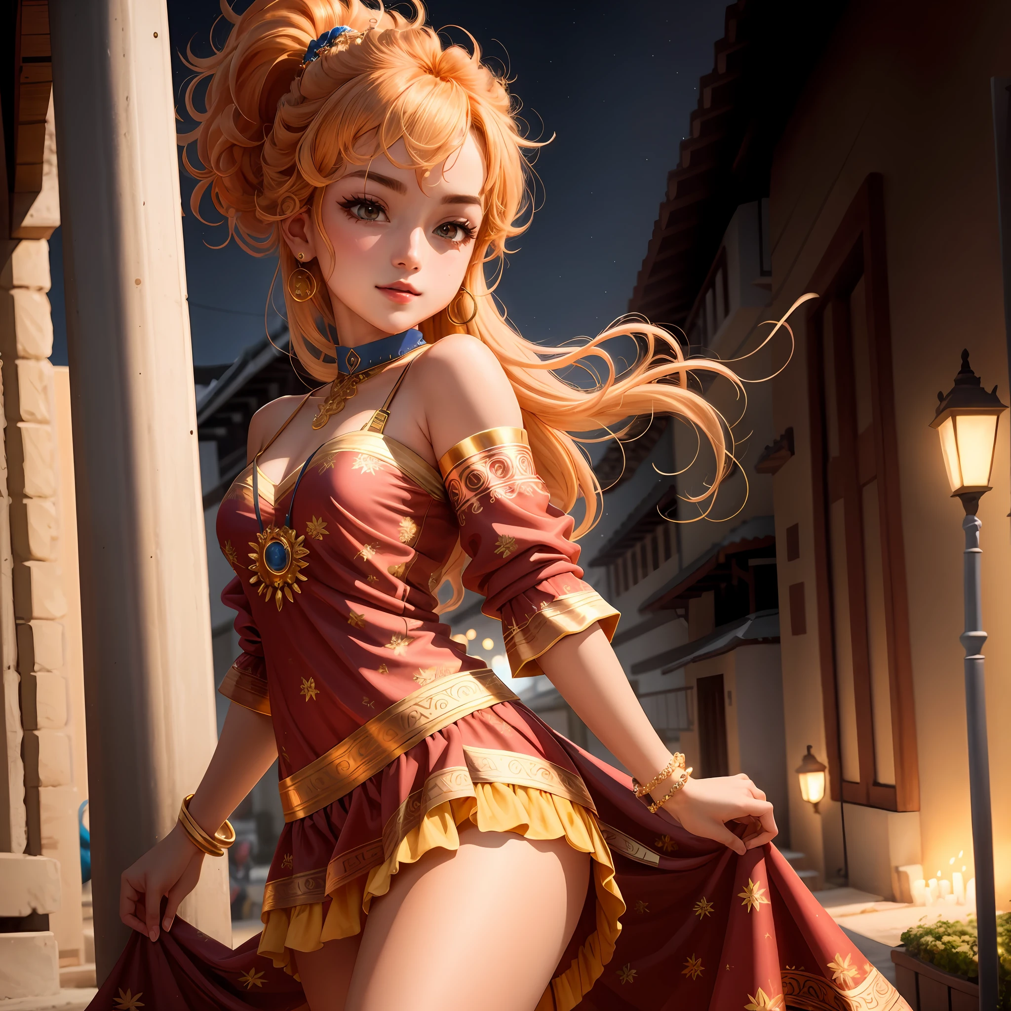 A large wavy golden curly hair,Shines brightly,The slender legs are wearing a big red miniskirt,Crisp chest half exposed
