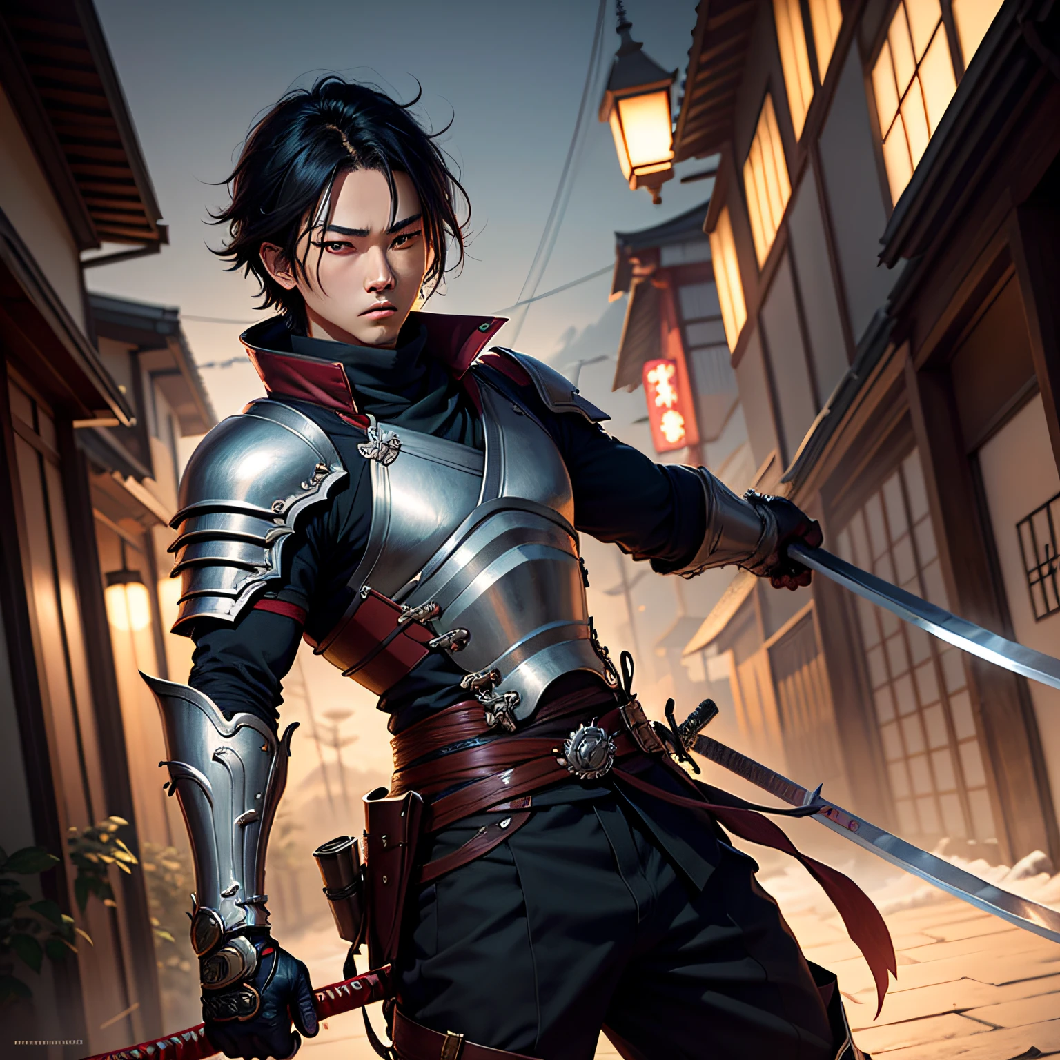 artwork in the style of guweiz 177 75 Japan male people cool holding a katana 17 age armor --auto