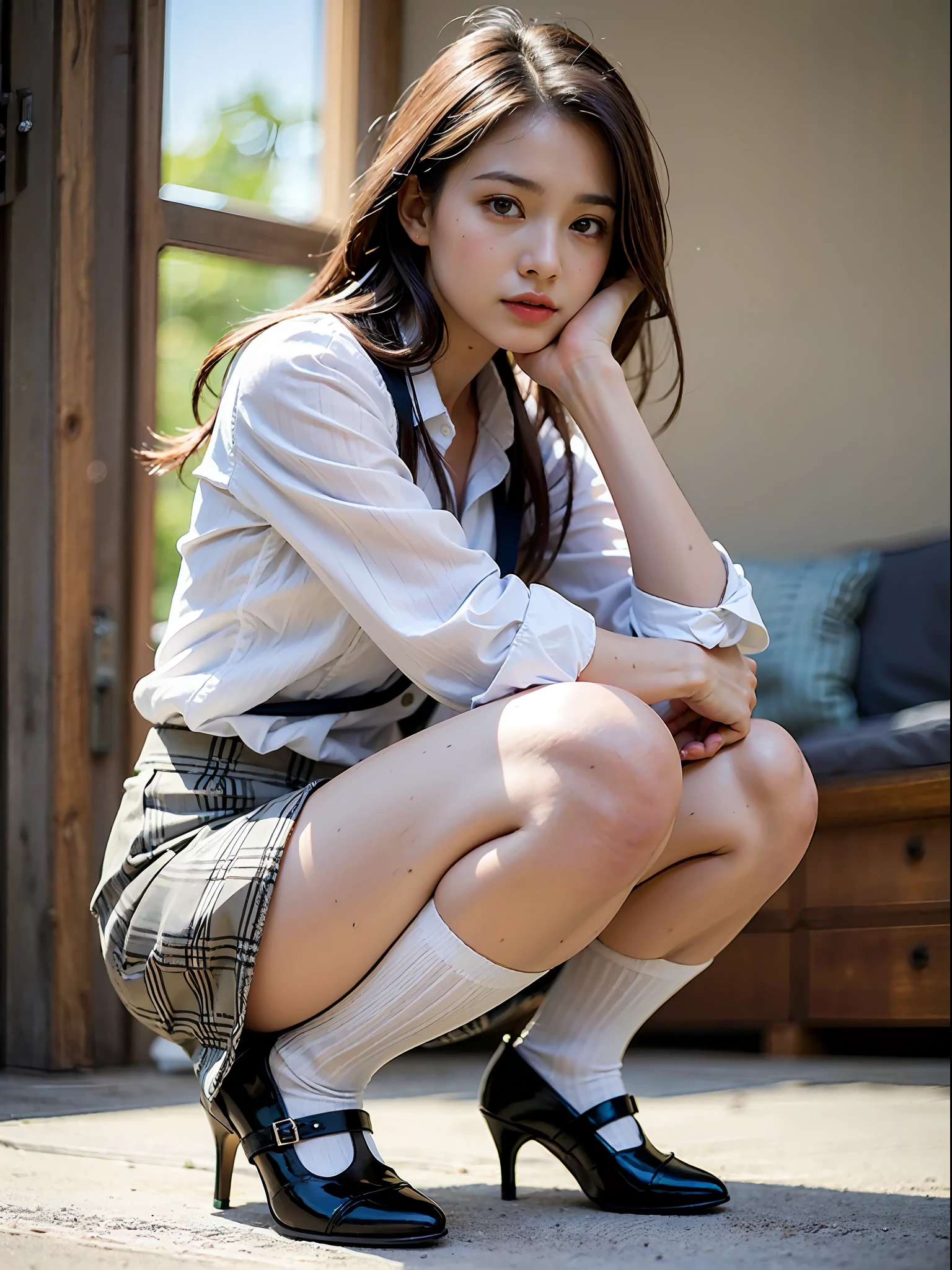 (Photorealistic: 1.4), (Hyperrealistic: 1.4), (Realistic: 1.3), (Smooth Lighting: 1.05), (Improved Cinematic Lighting Quality: 0.9), 32K, 1 female, 24 years old business woman, Realistic Lighting, Backlight, Face Lights, Ray Tracking, (Bright Light: 1.2), (Quality Improvement: 1.4), ( Top quality realistic textured skin: 1.4), fine detailed eyes, detailed face, fine quality eyes, dark brown eyes, (tired, sleepy and satisfied: 0.0), pale lighting, white background, white shirt, black long tight skirt, dark brown hair, squatting holding knees, white silk socks of shiny fabric, pumps