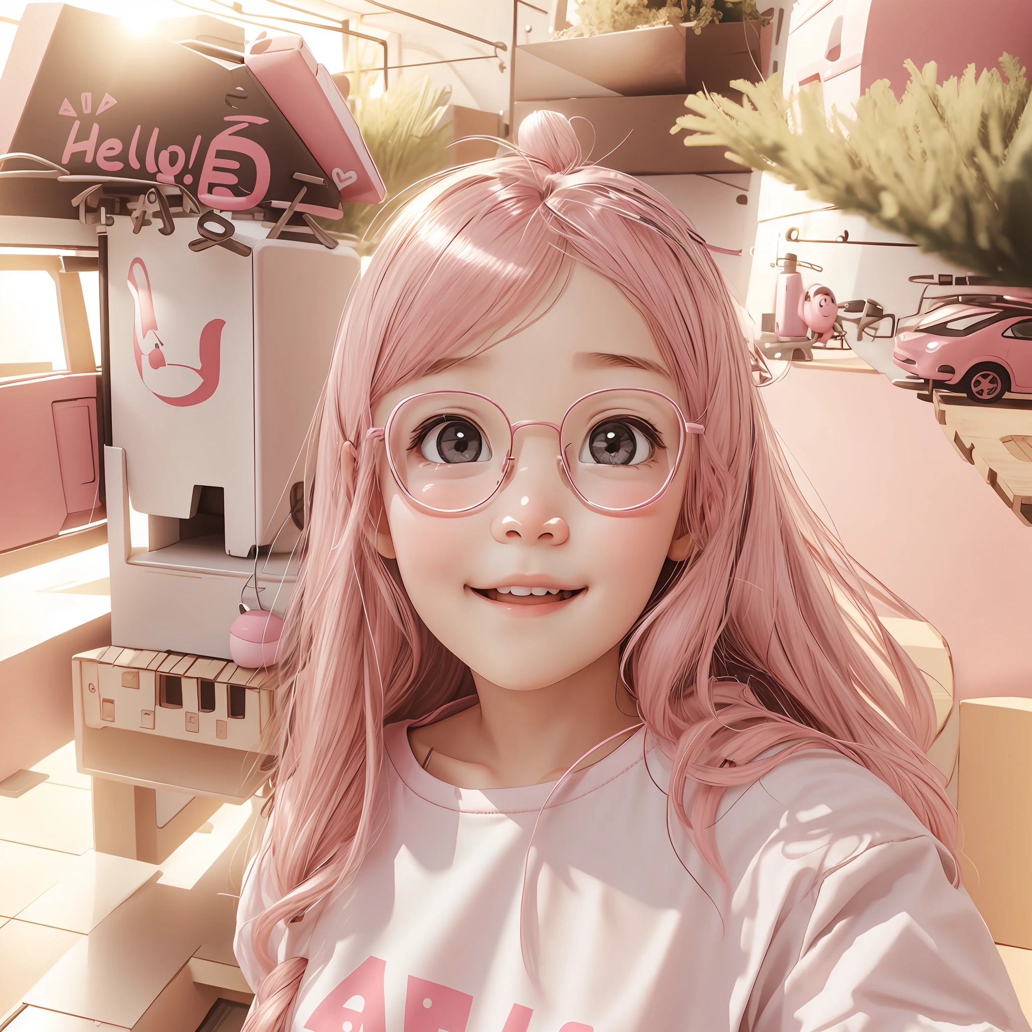 Best quality at best,1girll,a baby face,ssmile,adolable,Melon seed face,pink T shirt,frozzen