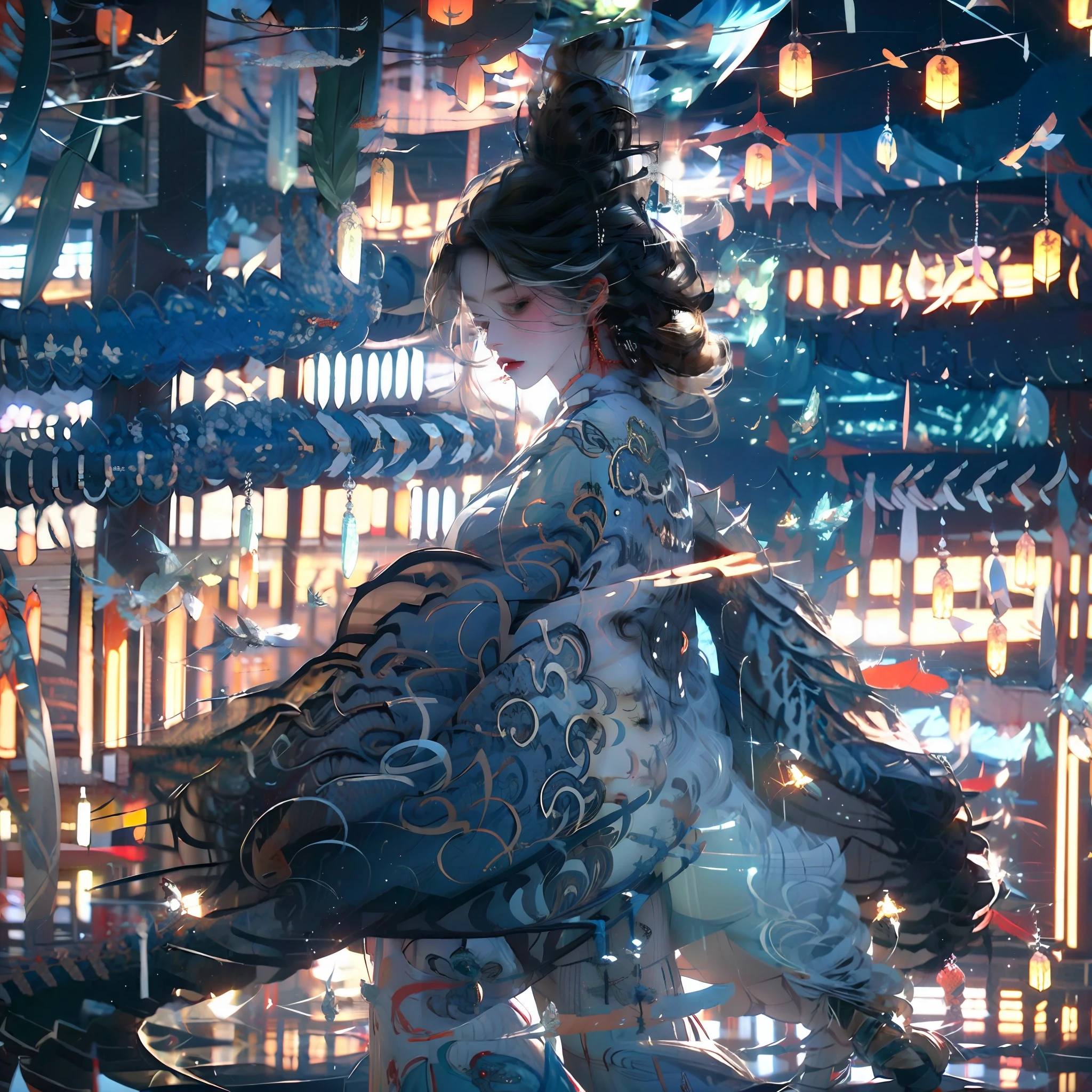 bamboo forrest，Bamboo leaves fall，Hazy，white color hair，white hanfu，Raised sexy，oil-paper umbrella，lanterns，folding fan，flute，One guy