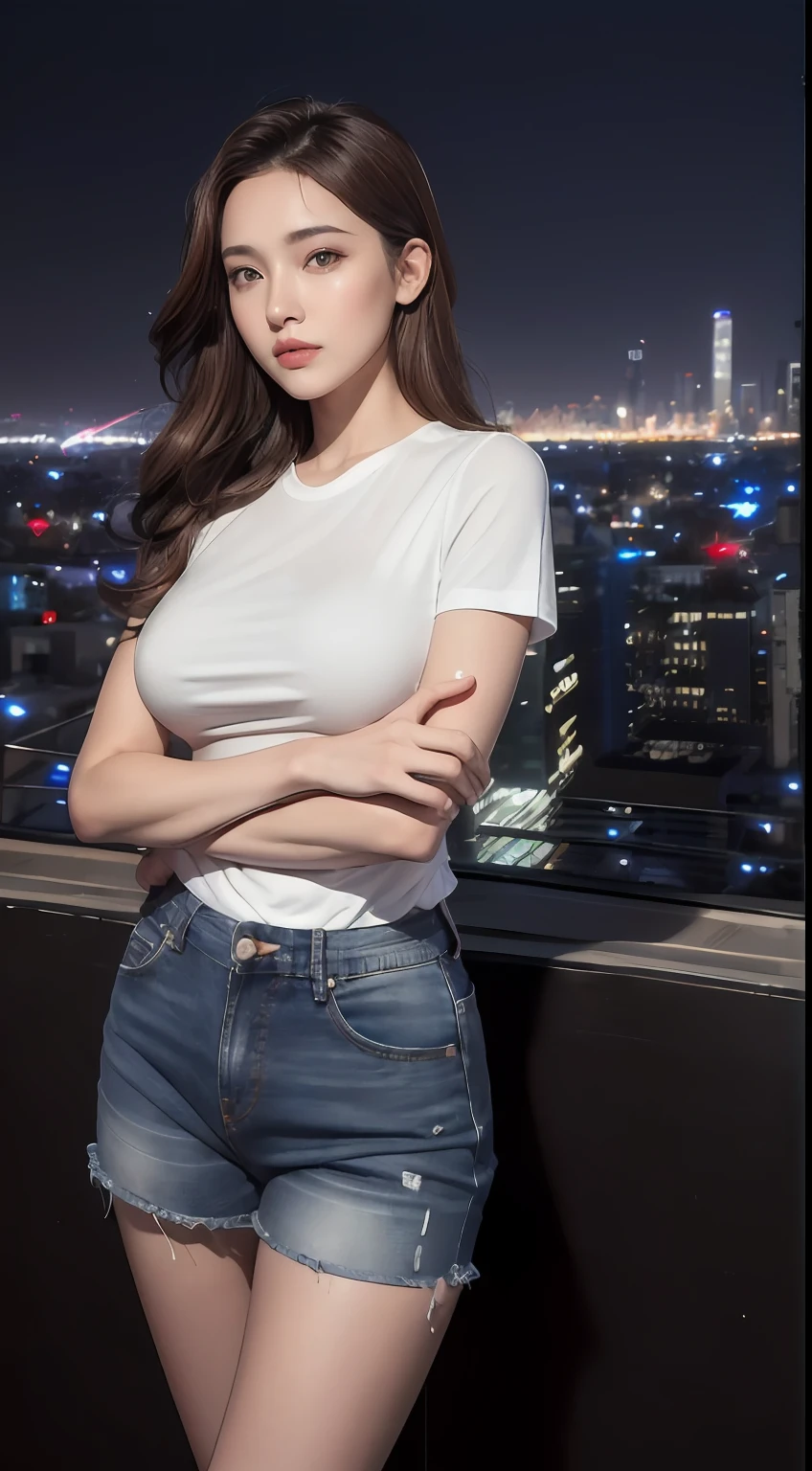 ultra high res, raw photo,((Midnight, Best quality, 8k, Masterpiece :1.3)), Whole body, Long legs, Sharp focus :1.2, A pretty woman with perfect figure :1.4, Slender abs :1.1, ((Dark brown hair,Gigantic breasts :1.2)), (White tight tshirt, Jean bib, Standing:1.2), ((Night city view, Rooftop:1.3)), Highly detailed face and skin texture, Detailed eyes, Double eyelid