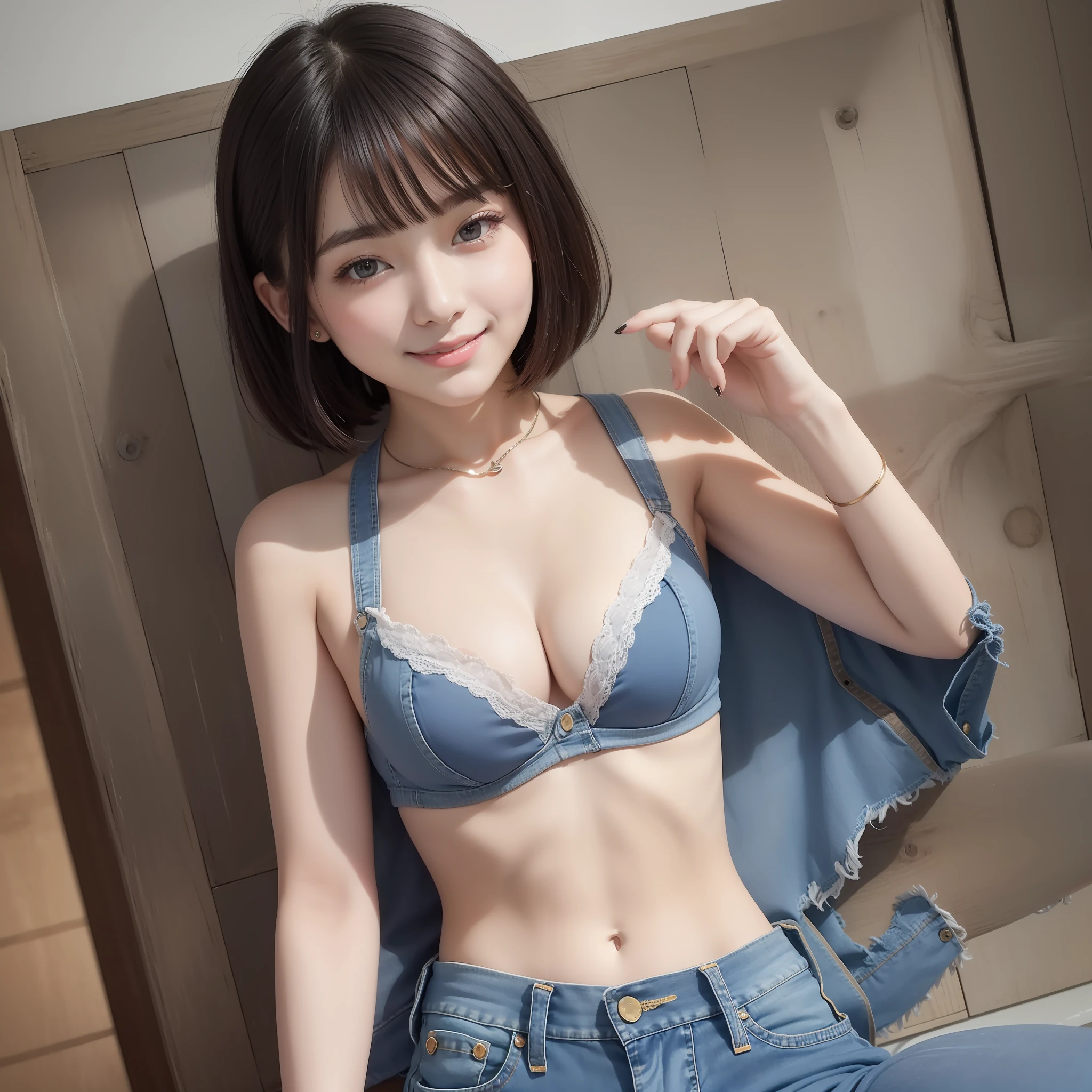 With the best image quality、Teenage girl standing in room。Black Hair Bob Hair、Cute smile.。(tiny chest)、Denim Bra、Denim panties