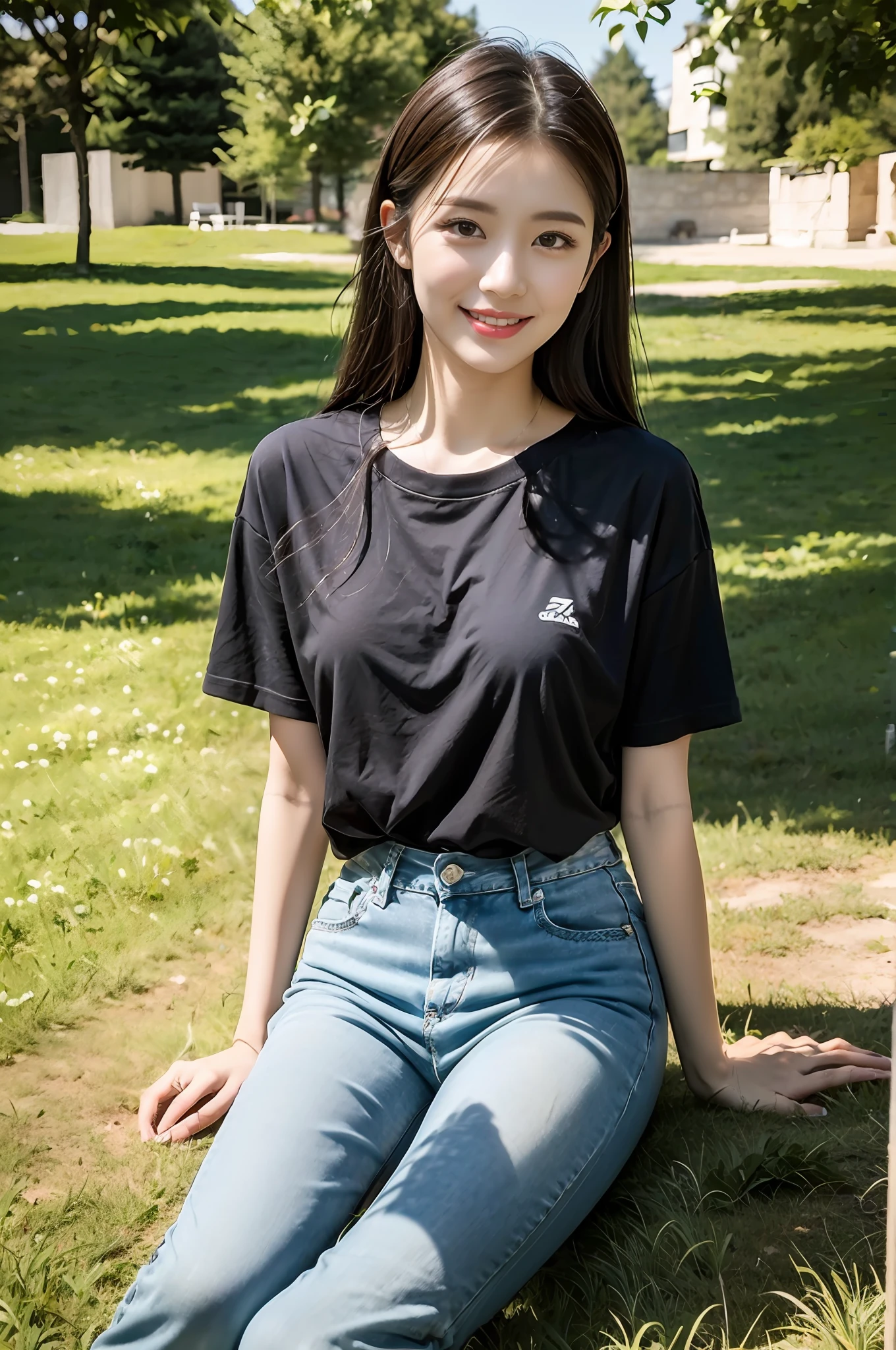 （best qualtiy：1.4），Complicated details，20 years old Korean girl，Wear a loose black T-shirt and skinny jeans，Stand on the grass and take pictures，Detailed meadow，A sweet smile on a small face，Ultra-realistic facial details，Playful and coquettish pose，The calves are straight and slender:1.2，Wear high-end branded colored canvas shoes:1.0，eventide，warm color，Broad lighting，naturalshadow，fully body photo:1.8