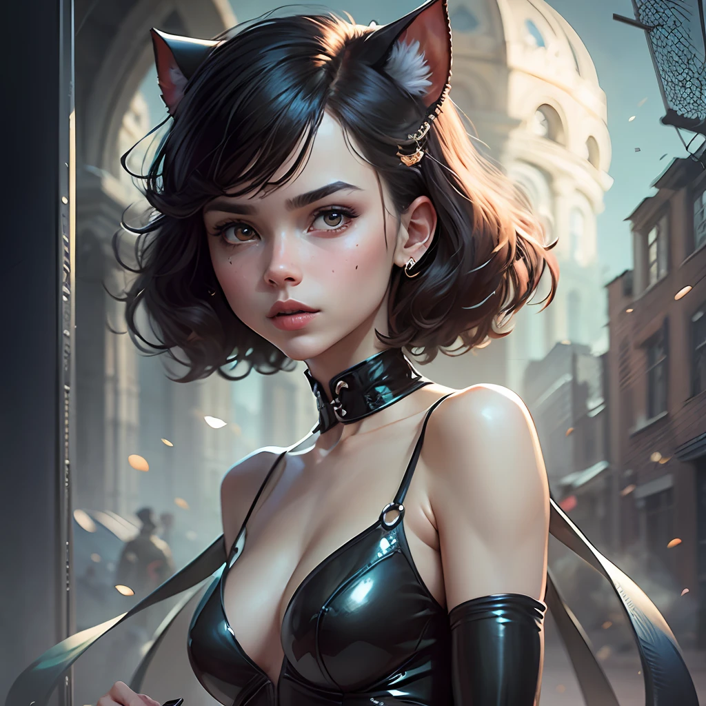 Catwoman in latex suit –chaos 60s, (masterpiece), realistic, (American girl shot), beautiful face, Wes Anderson style, sunlight, cinematic light, bangs, beautiful woman, beautiful eyes, short black hair , perfect anatomy, very cute, princess eyes, (black eyes), (marco head), in focus, stylized, bioluminescence, 8K resolution, low-cut white dress with small blue details, human hands, full of wonder, elegant, approaching the Perfection, Dynamic, Highly Detailed, Character Sheet, Concept Art, Smooth, Looking Directly At Viewer Positioned So Her Body Is Symmetrical And Balanced, Stunningly Beautiful, Detailed Short Black Hairstyle With Bangs (1:1 Aspect Ratio) ssci-fi, fantasy, intricate, very beautiful, elegant, highly detailed, digital painting, artstation, concept art, soft light, hdri, smooth, sharp focus, illustration --auto --s2