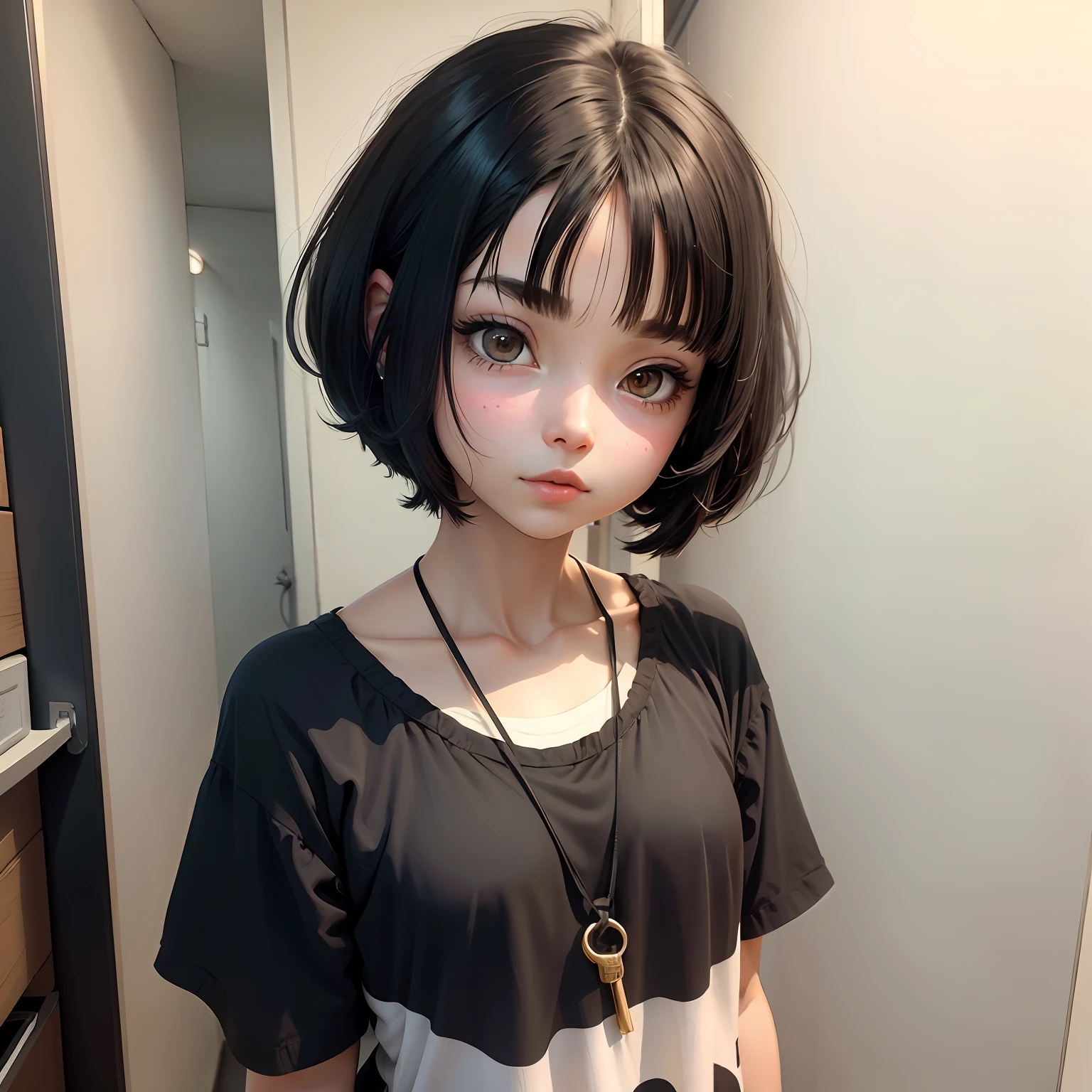 menina anime com cabelo curto e franja na metade da testa, franja curta, cabelo curto, cabelo castanho, menina anime, alta qualidade, cabelo curto bonito, retrato anime, menina bonita (fundo escuro) --auto